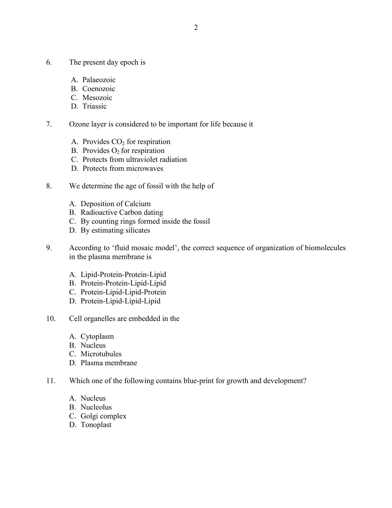 CUSAT CAT 2016 Life Science Question Paper - Page 2
