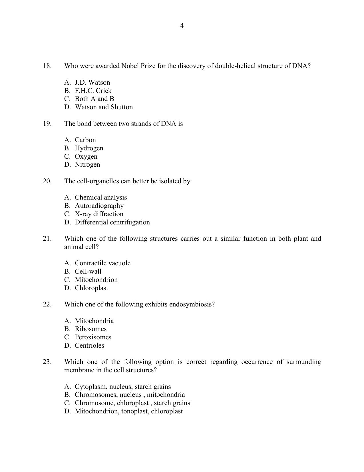 CUSAT CAT 2016 Life Science Question Paper - Page 4