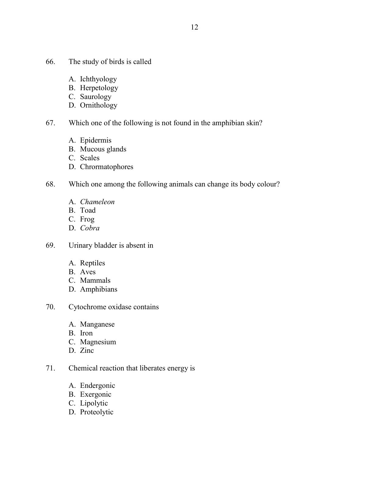 CUSAT CAT 2016 Life Science Question Paper - Page 12