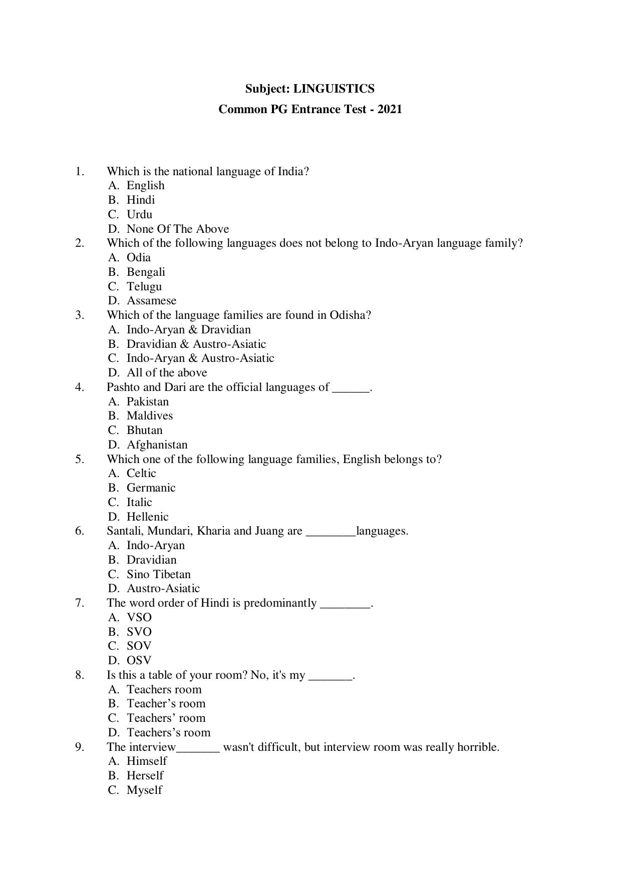Odisha CPET 2021 LINGUISTICS Question Paper - Page 1