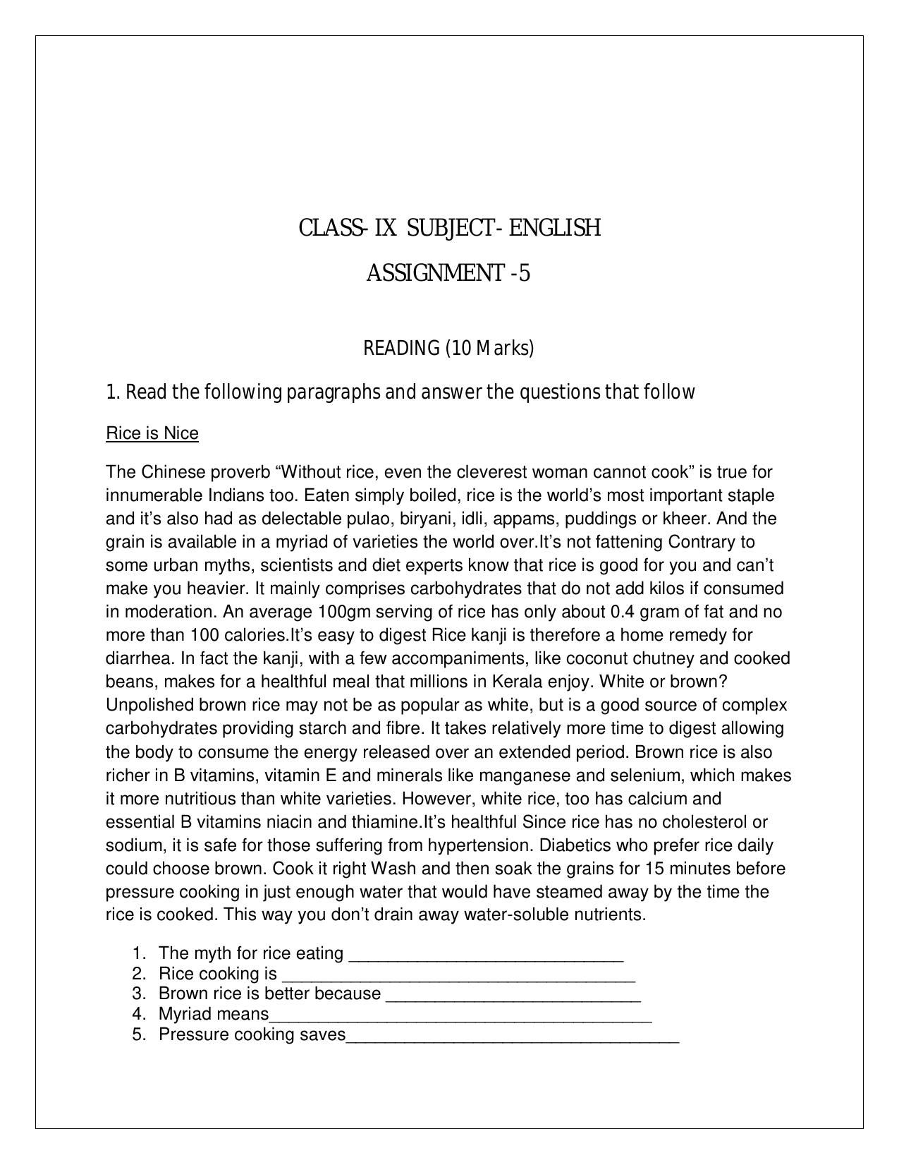 CBSE Worksheets for Class 9 English Assignment 25 - Page 1
