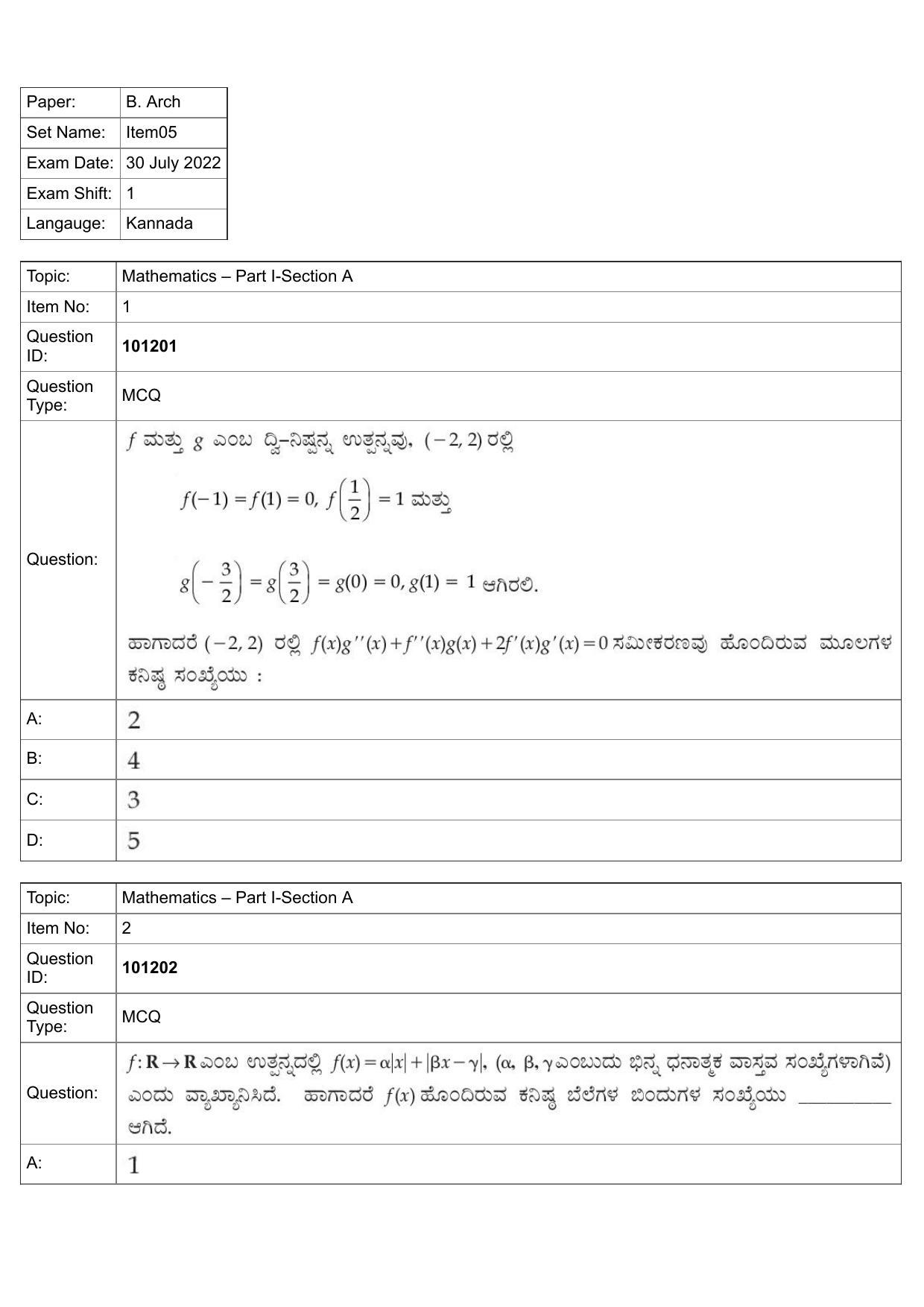 JEE Mains 2022: B.Arch Kannada (Shift 1) 30-07-2022 Question Paper - Page 1