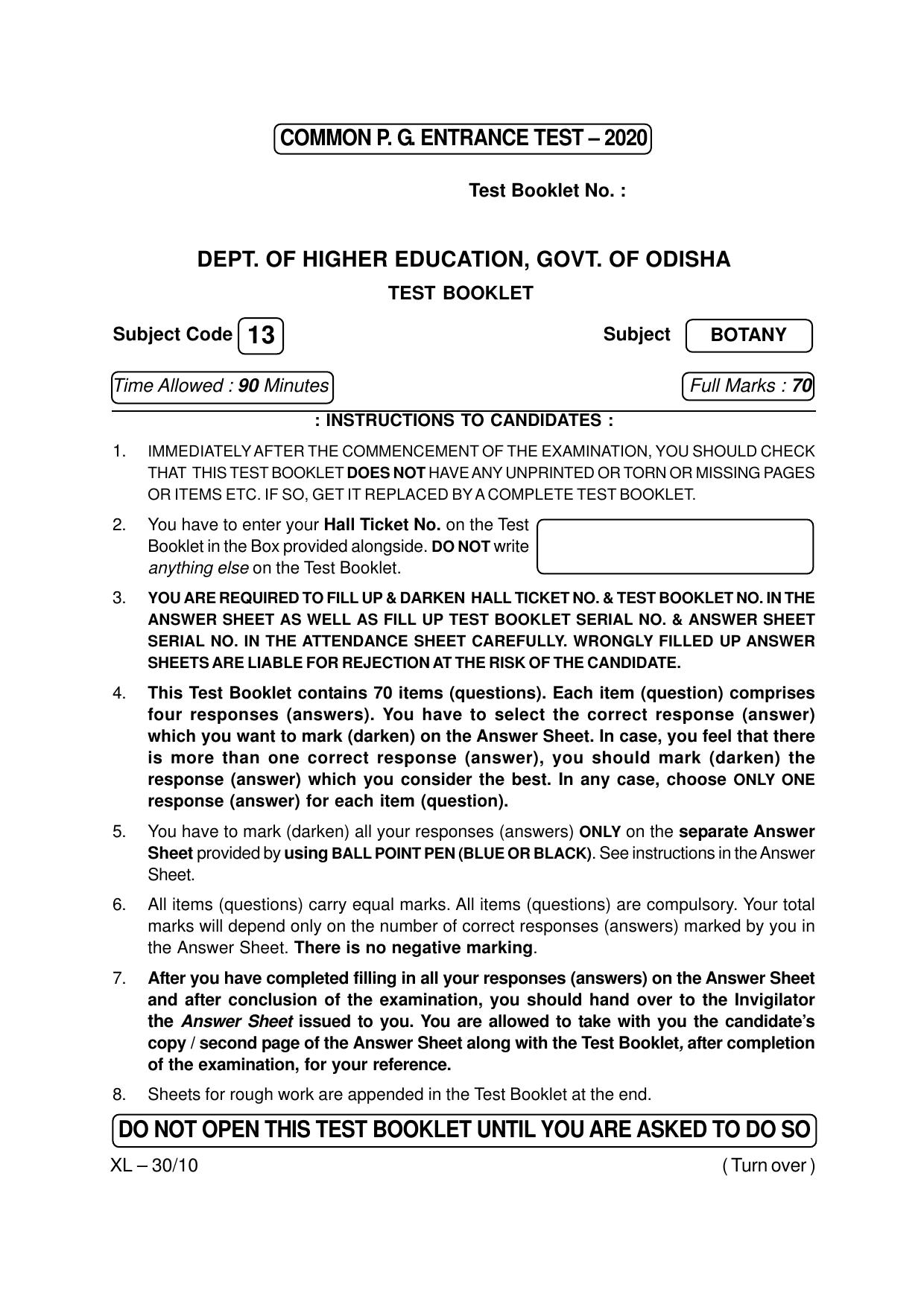 Odisha CPET BOTANY 2020 Question Paper - Page 1