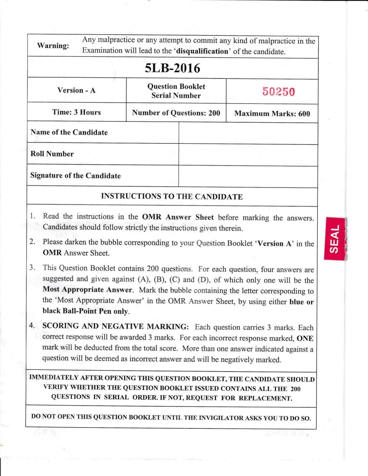 KLEE 5 Year LLB Exam 2016 Question Paper - Page 1
