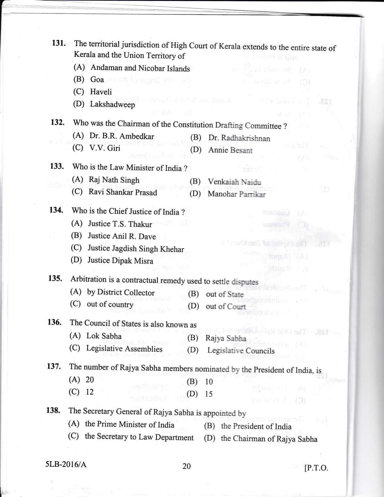 KLEE 5 Year LLB Exam 2016 Question Paper - Page 20