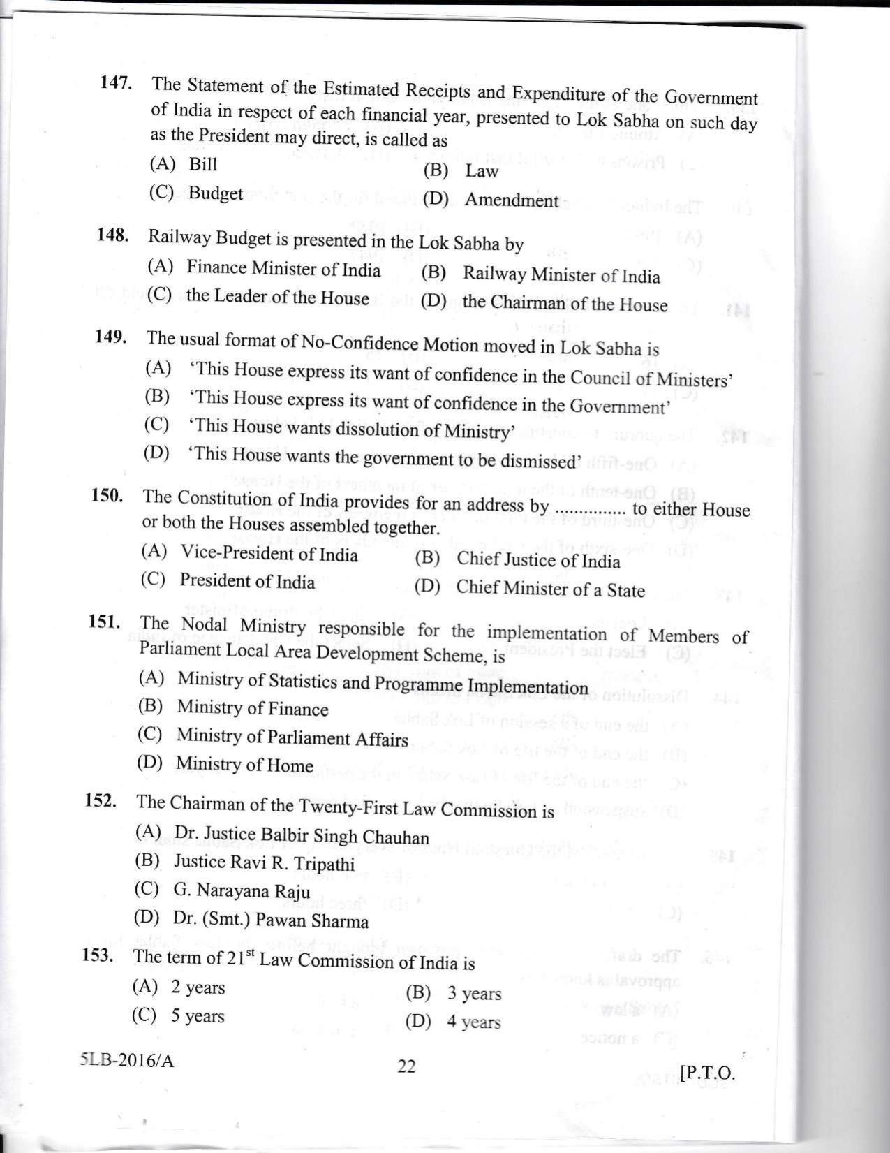 KLEE 5 Year LLB Exam 2016 Question Paper - Page 22