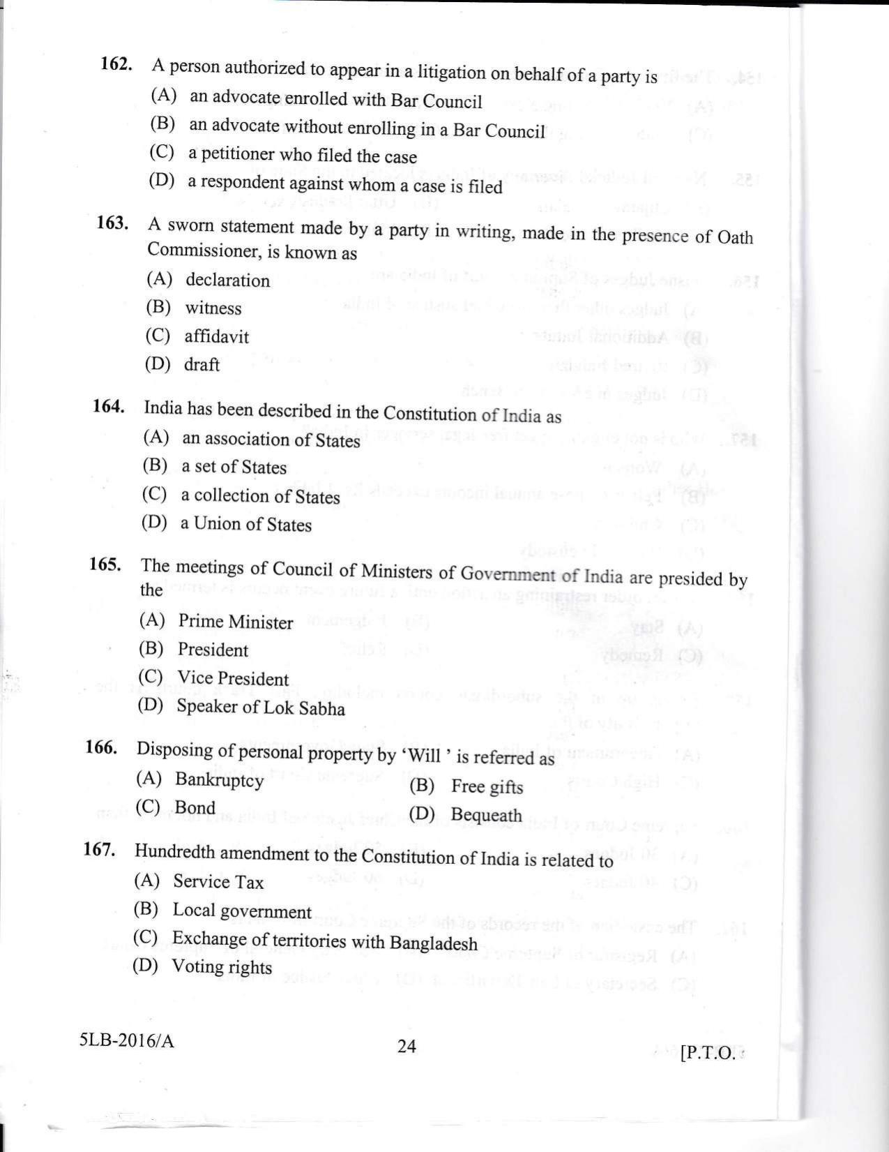 KLEE 5 Year LLB Exam 2016 Question Paper - Page 24