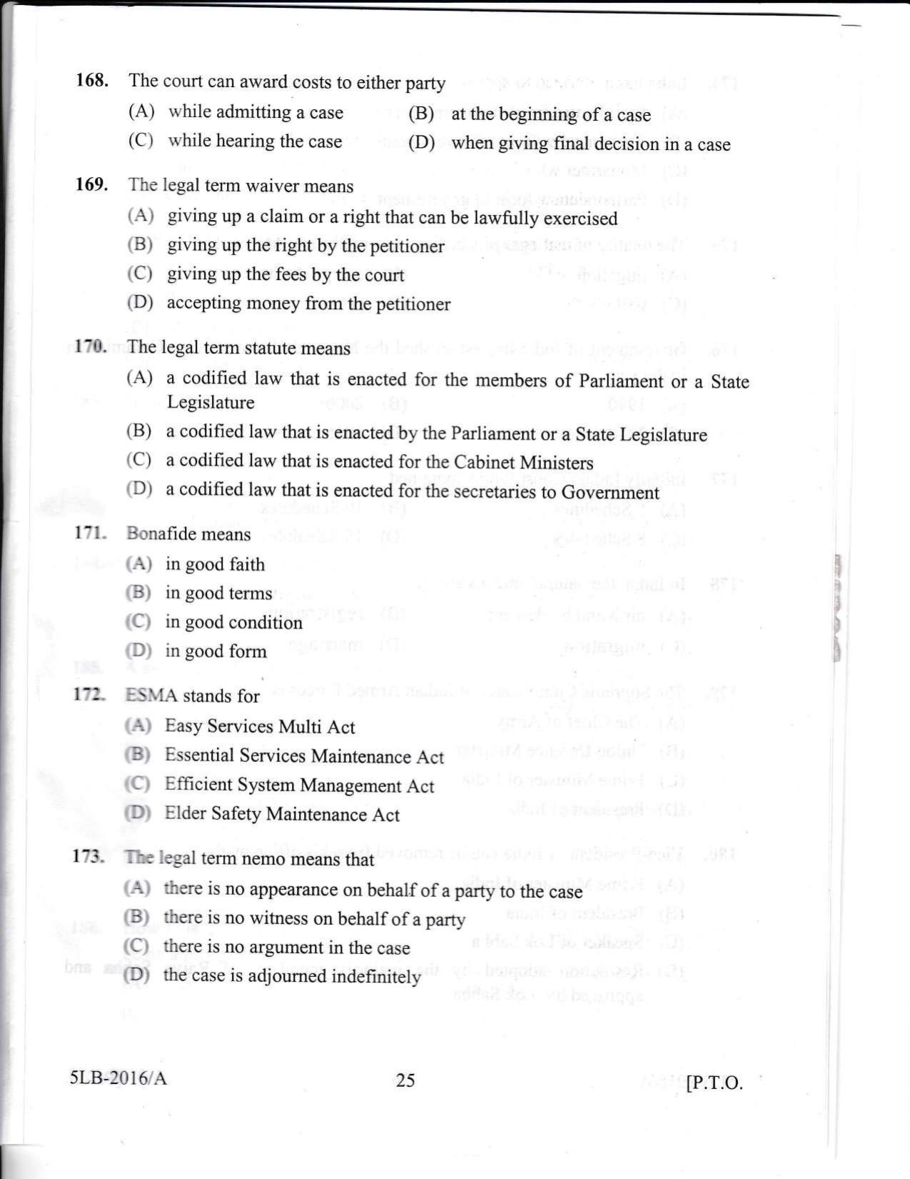 KLEE 5 Year LLB Exam 2016 Question Paper - Page 25