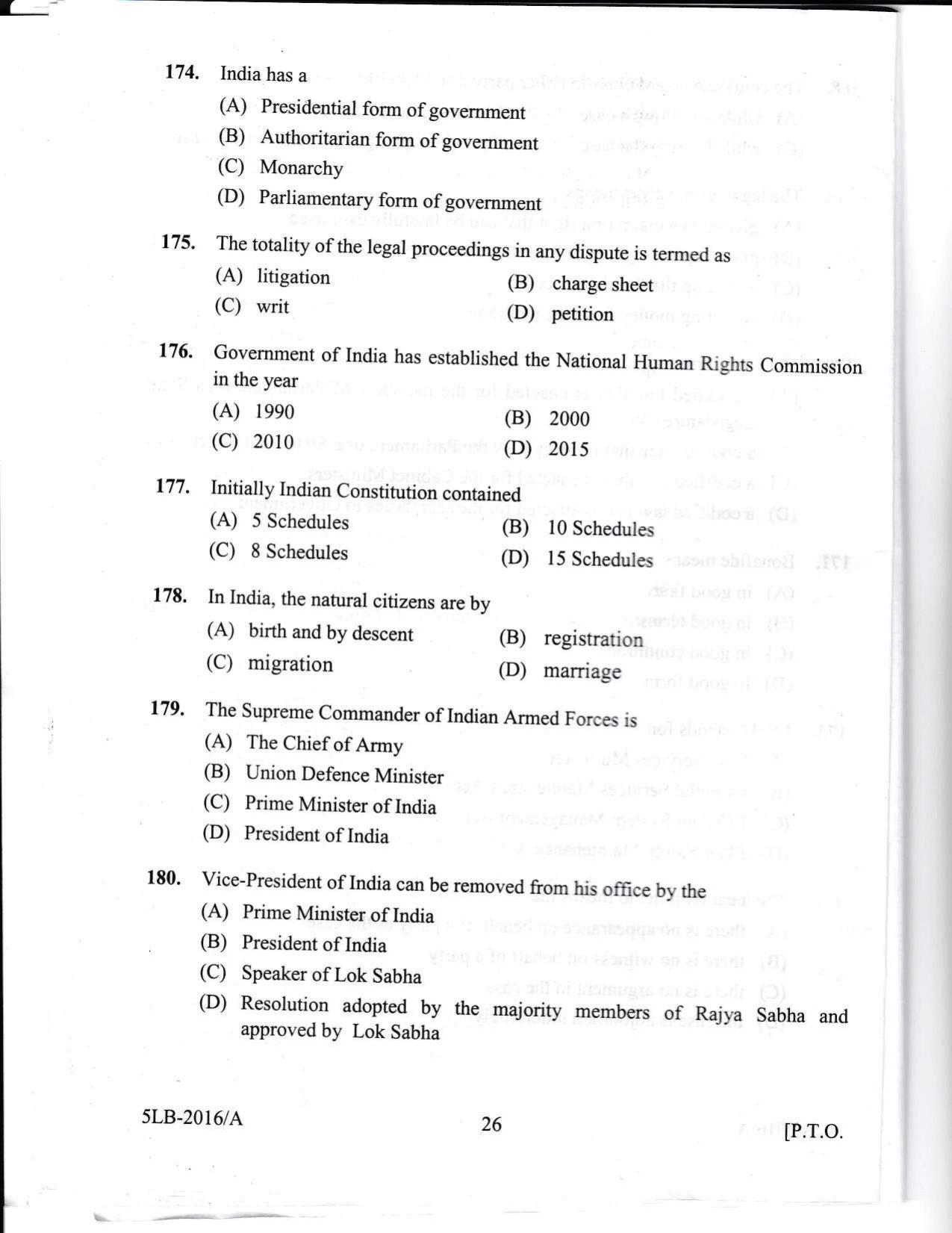 KLEE 5 Year LLB Exam 2016 Question Paper - Page 26