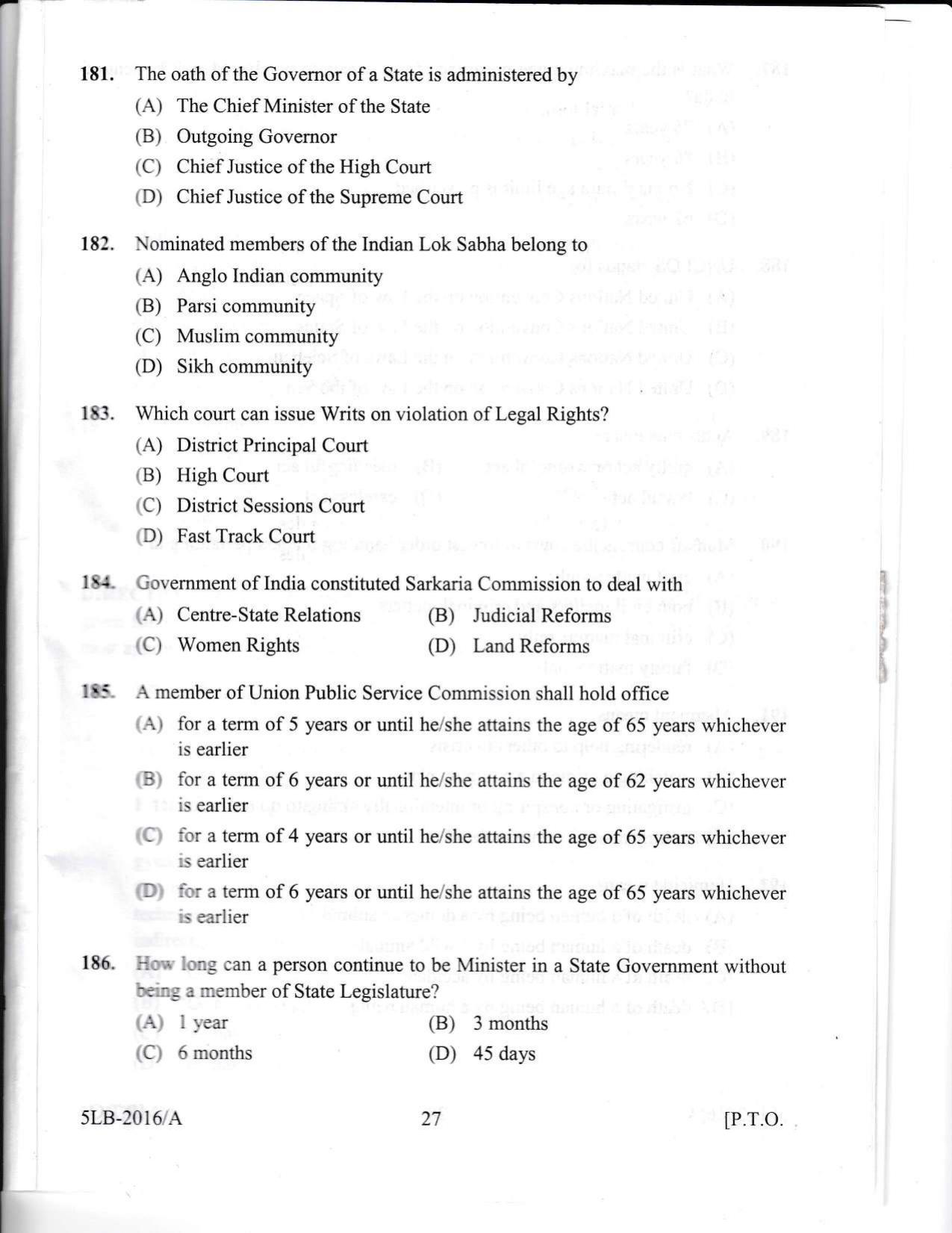 KLEE 5 Year LLB Exam 2016 Question Paper - Page 27
