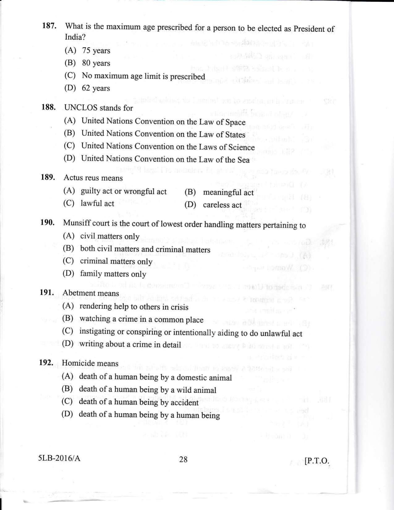 KLEE 5 Year LLB Exam 2016 Question Paper - Page 28