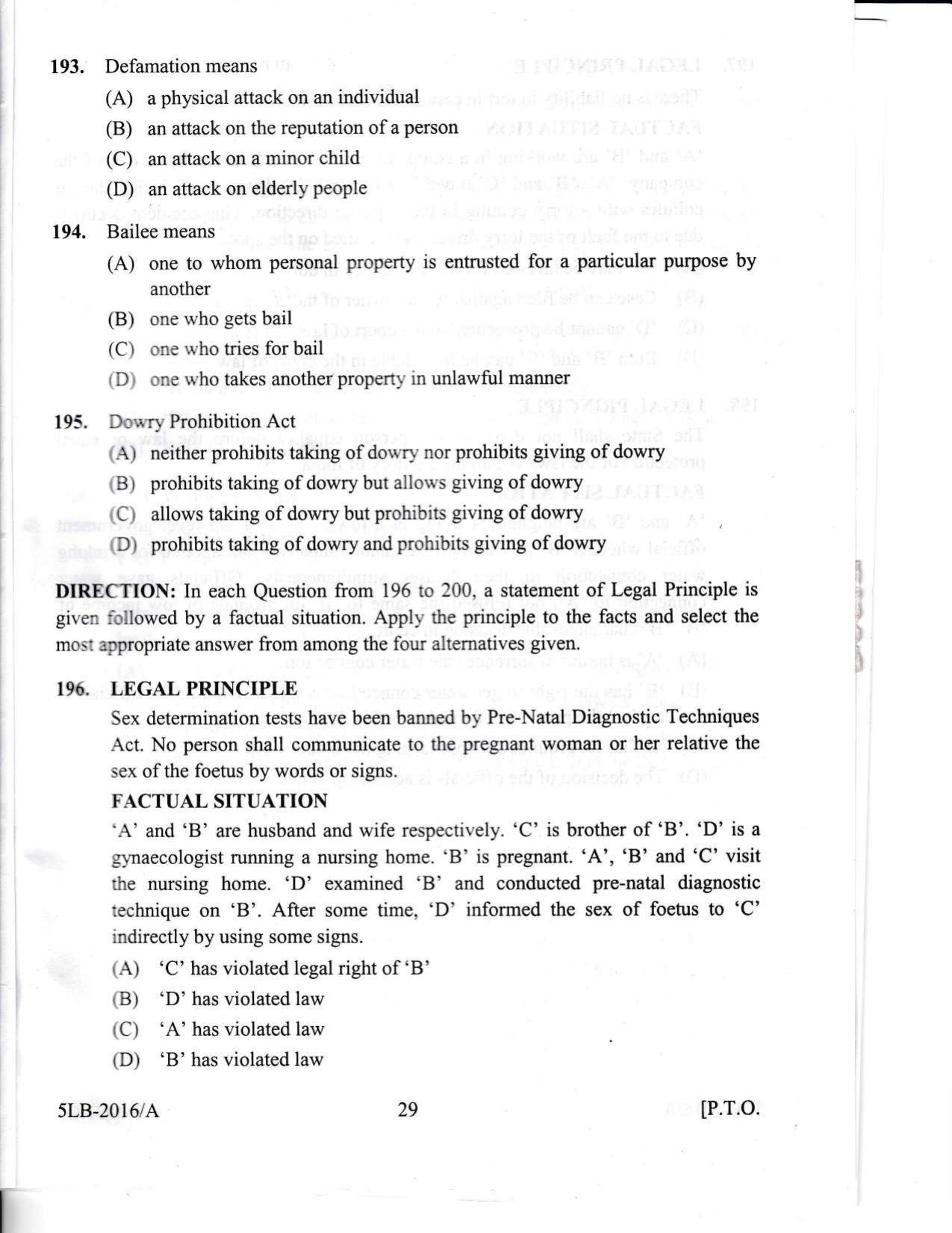 KLEE 5 Year LLB Exam 2016 Question Paper - Page 29