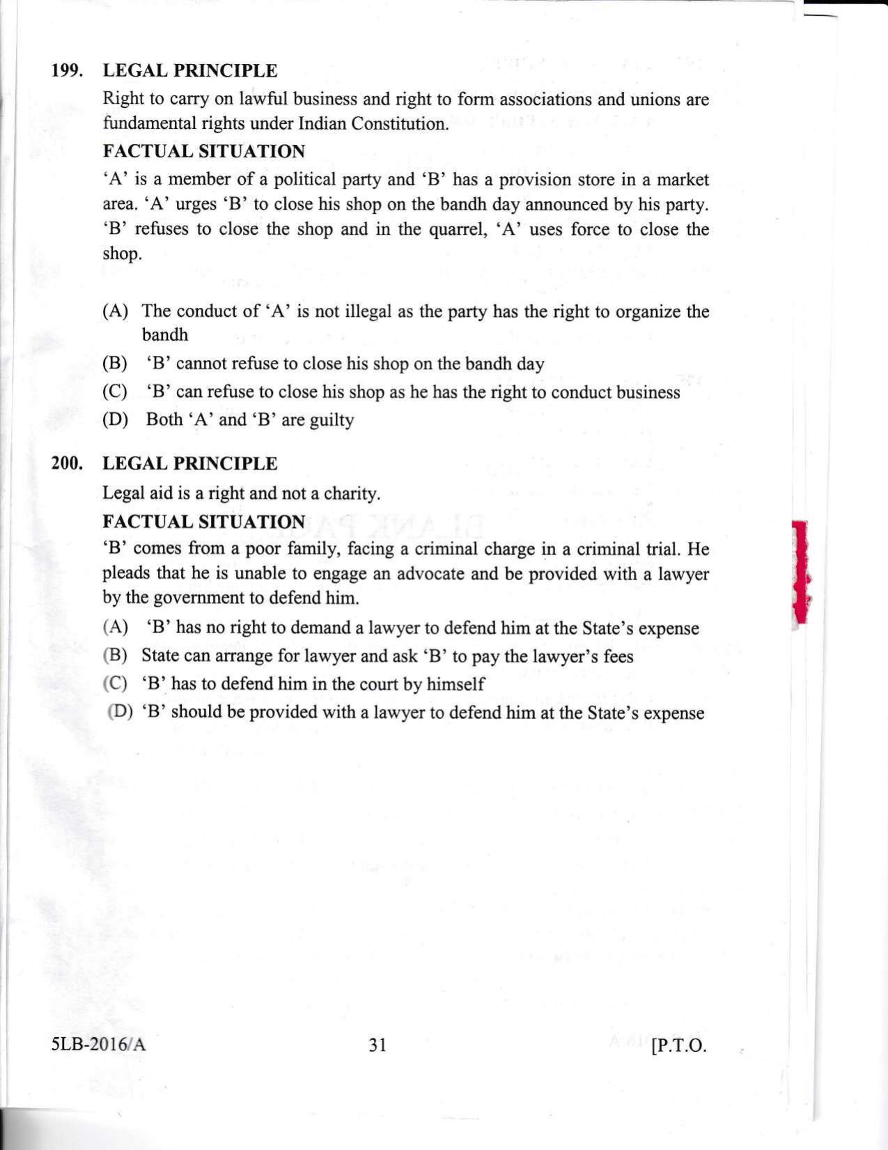 KLEE 5 Year LLB Exam 2016 Question Paper - Page 31