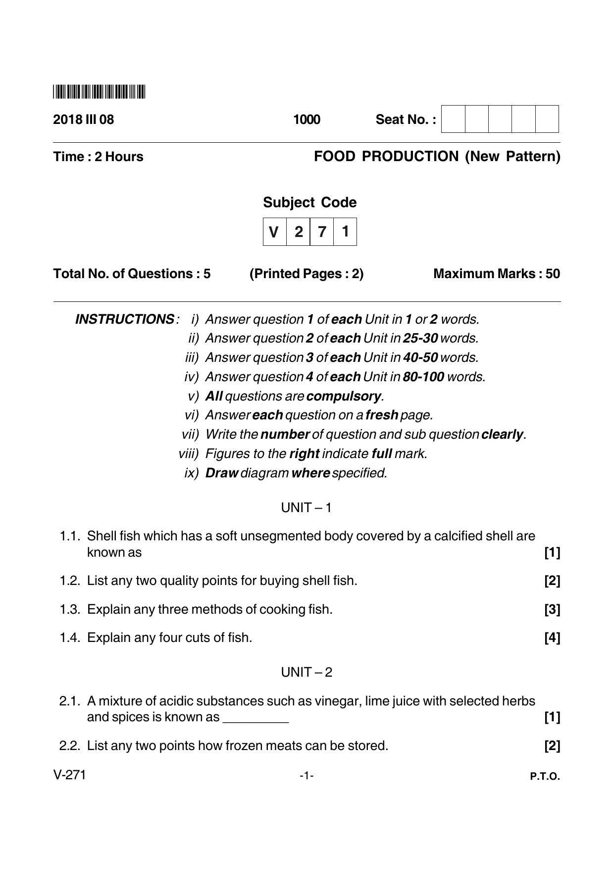 Goa Board Class 12 Food Production Voc 271 New Pattern (March 2018) Question Paper - Page 1