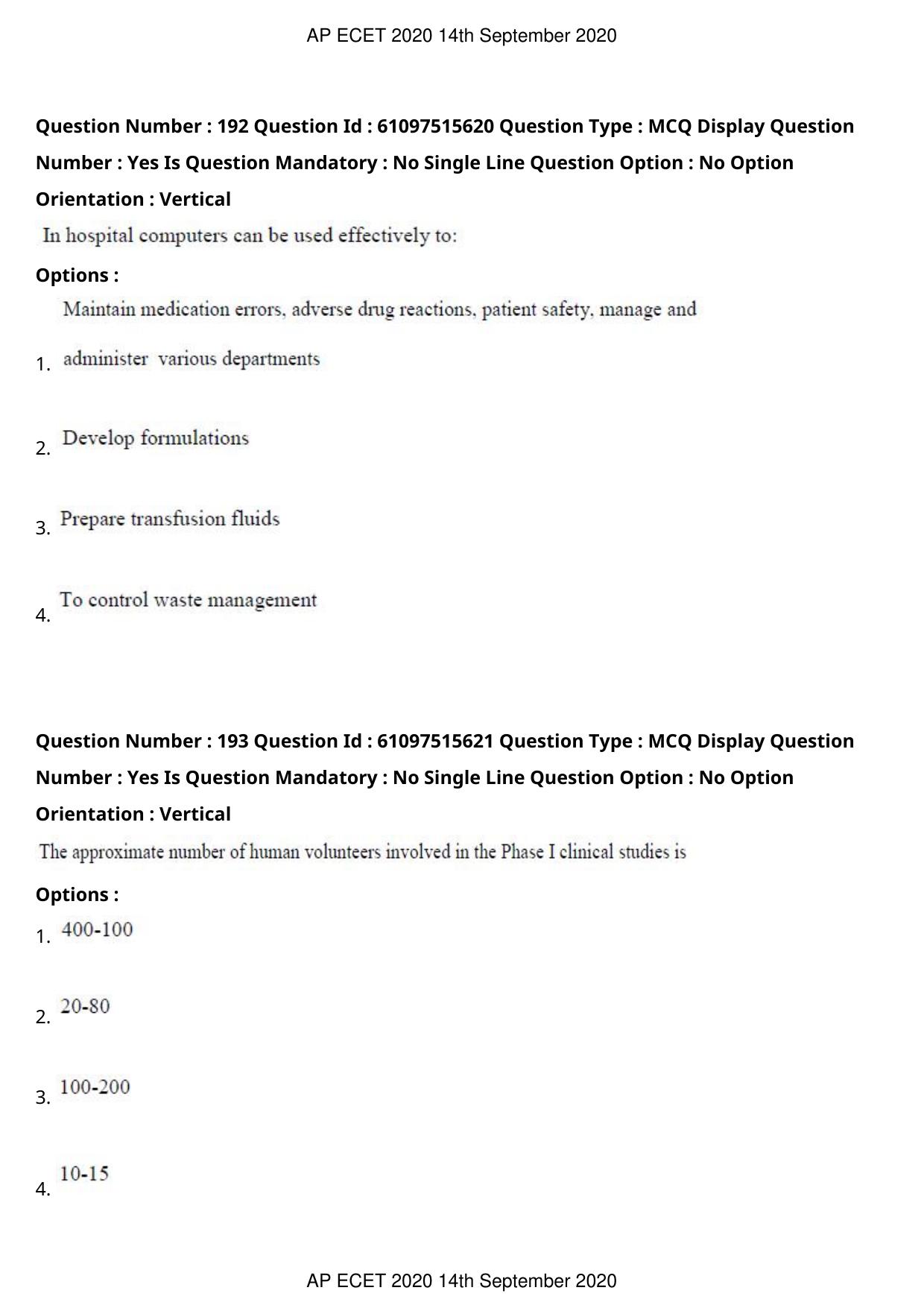 AP ECET 2020 - Pharmacy (Preview) Question Paper With Preliminary Keys - Page 98