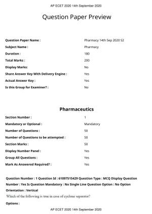 AP ECET 2020 - Pharmacy (Preview) Question Paper With Preliminary Keys