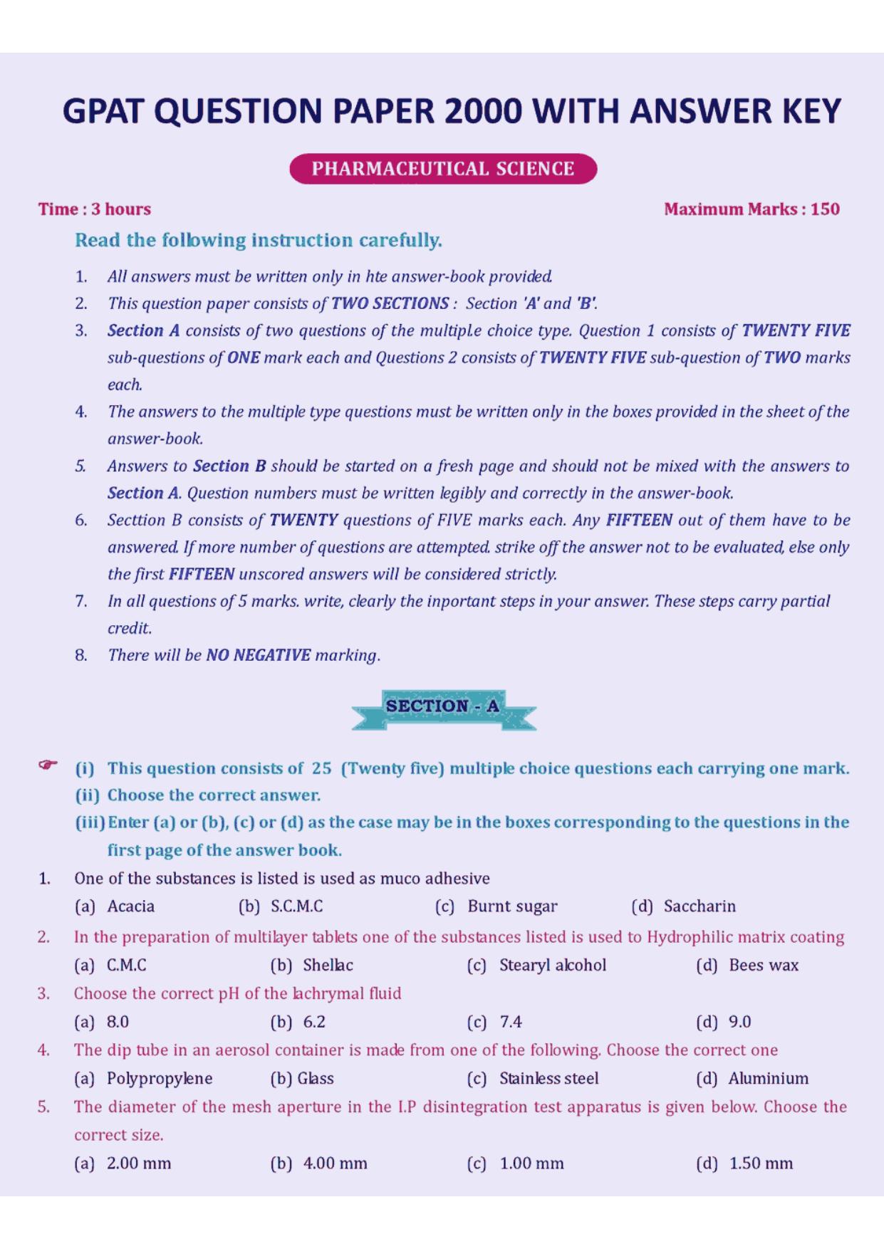 GPAT 2000 Question Paper with Answer Key - Page 1