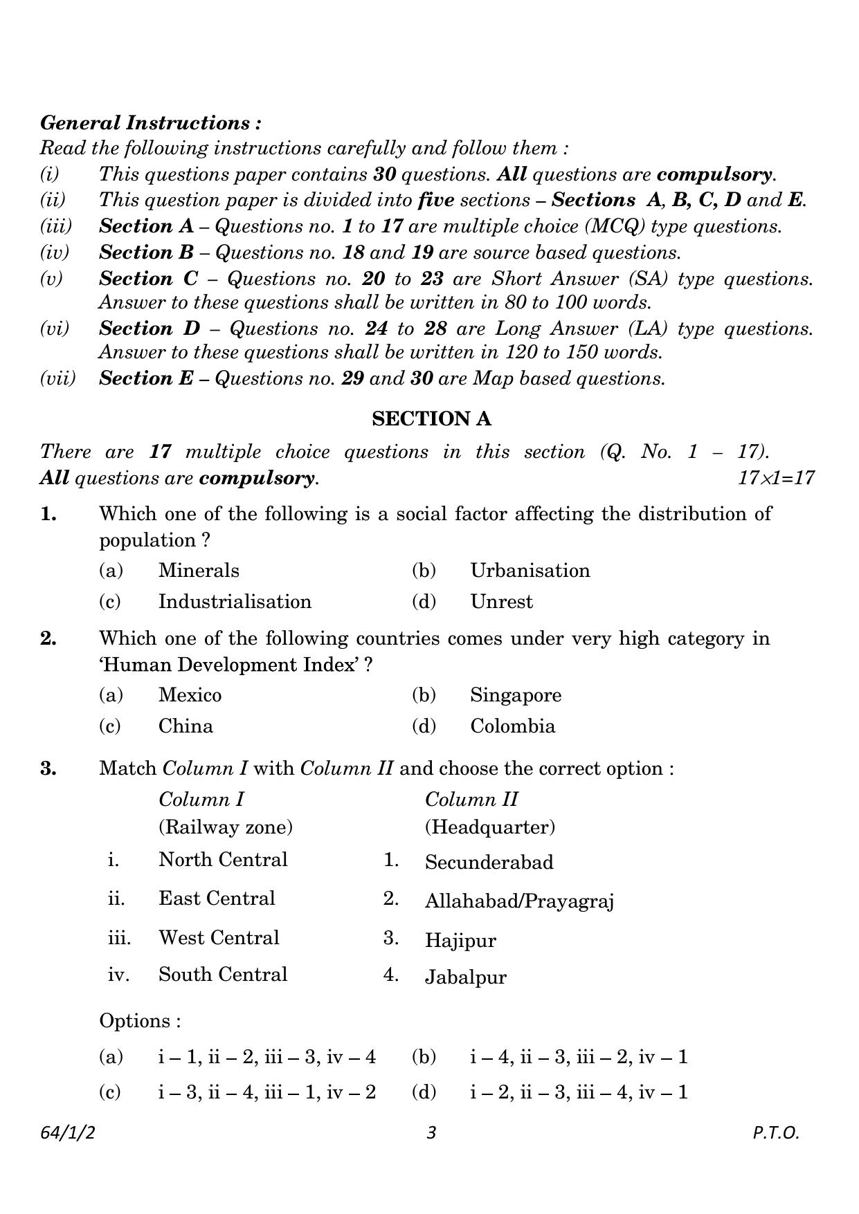 CBSE Class 12 64-1-2 Geography 2023 Question Paper - Page 3