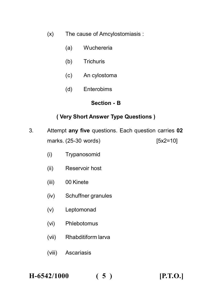Sarguja University Question Paper July-2022 :  M.Sc. In Zoology  (Fourth sem.)Biology Of Parasitism Paper 1 - Page 5