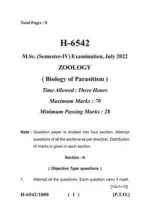 Sarguja University Question Paper July-2022 :  M.Sc. In Zoology  (Fourth sem.)Biology Of Parasitism Paper 1