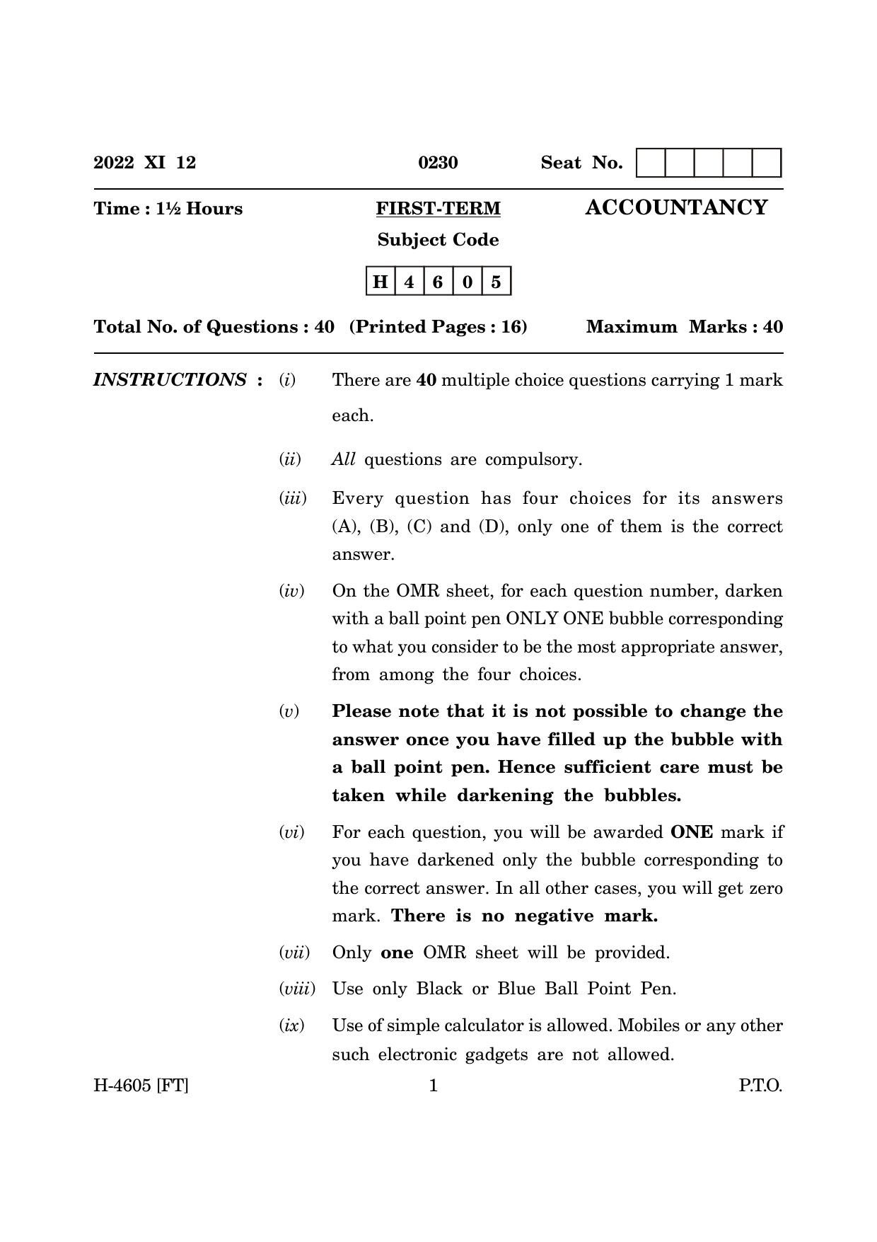 Goa Board Class 12 Accountancy (November 2022) Question Paper - Page 1