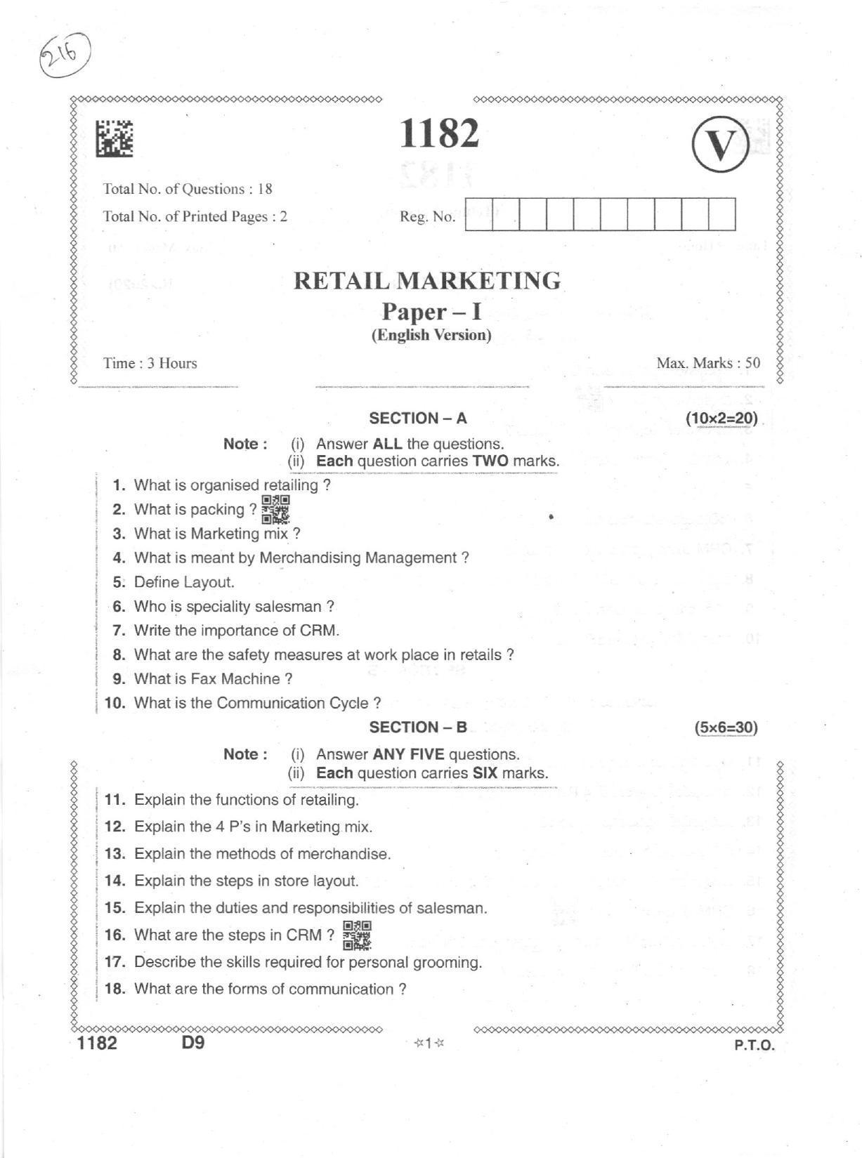 AP Inter 1st Year Retail_Marketing-I Question Paper September-2021 - Page 1