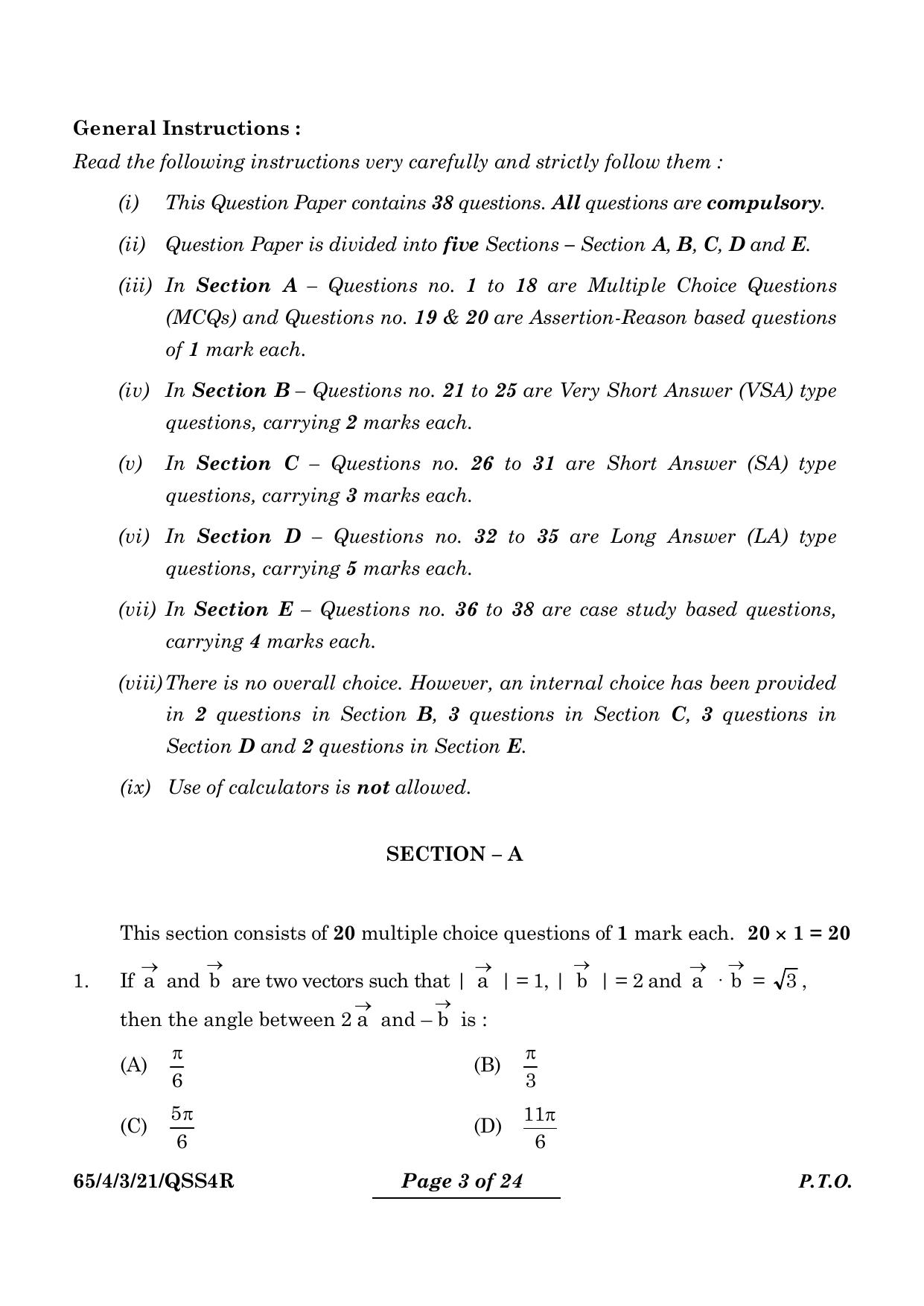 CBSE Class 12 65-4-3 Mathematics 2024 Question Paper - Page 3
