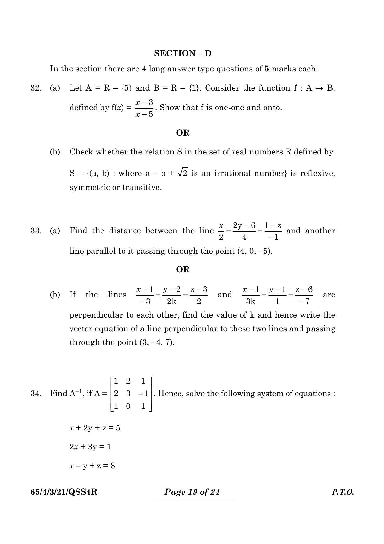 CBSE Class 12 65-4-3 Mathematics 2024 Question Paper - Page 19