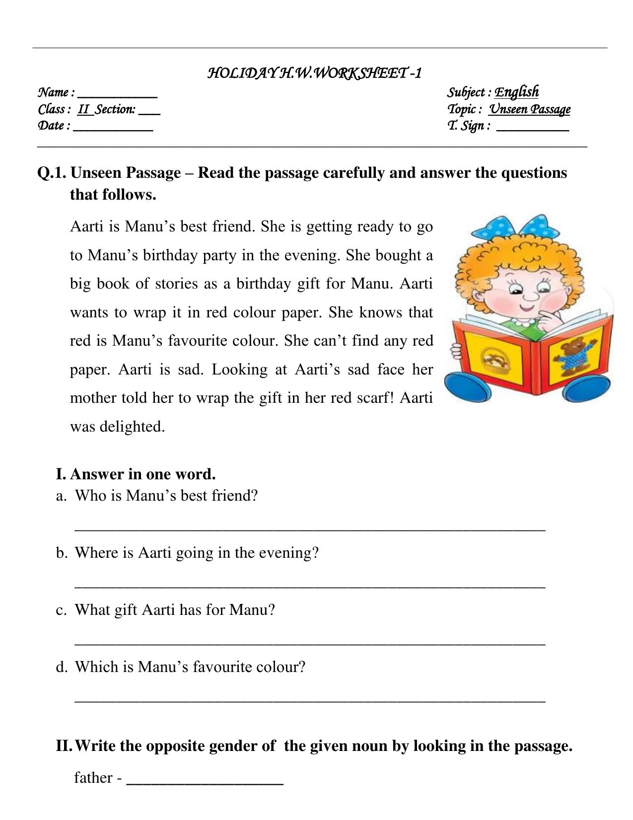 Worksheet for Class 2 English Assignment 111 Unseen Passage - Page 1