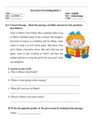 Worksheet for Class 2 English Assignment 111 Unseen Passage