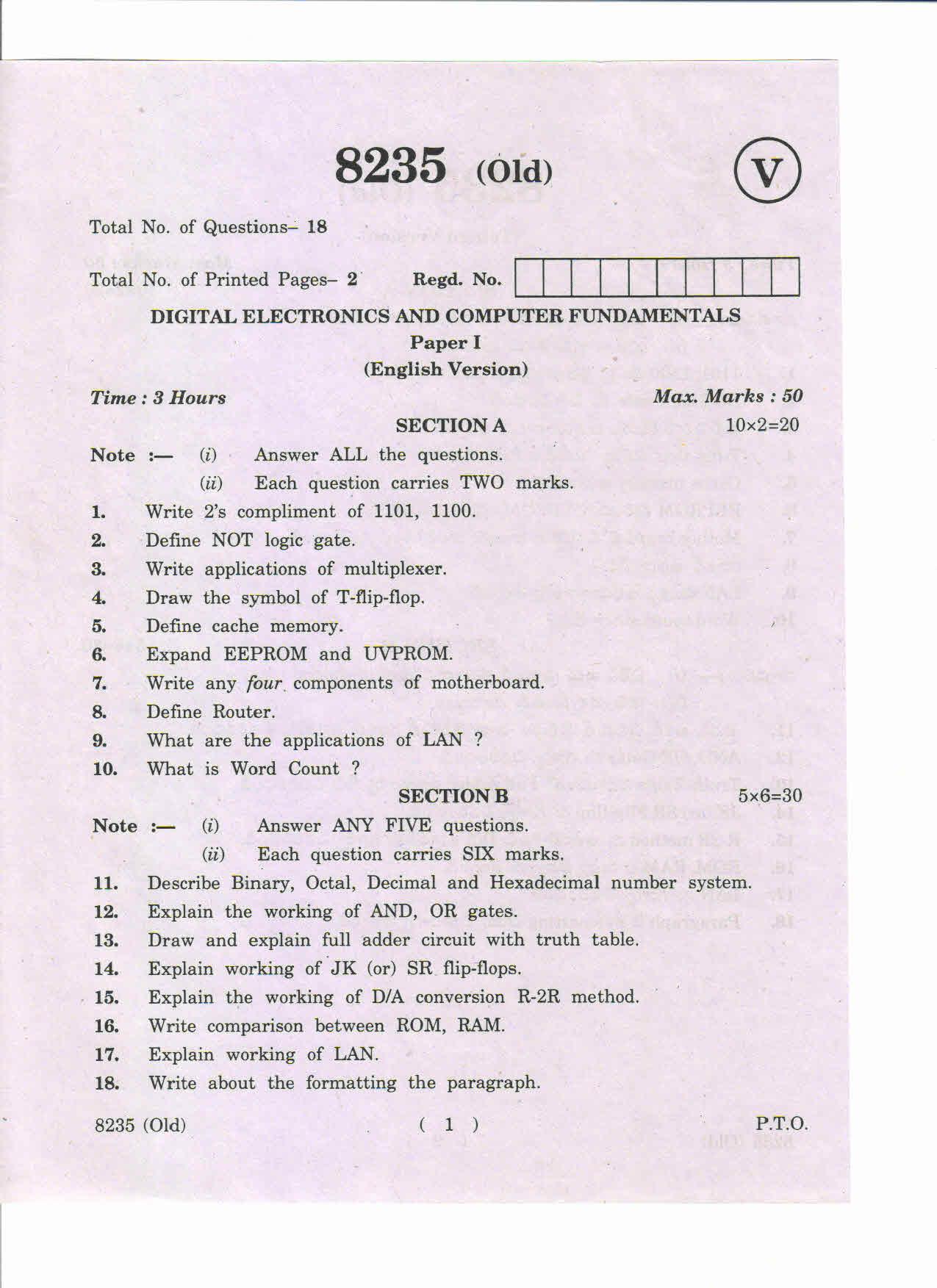 AP Inter 1st Year Digital Electronics and Computer Fundamentals-I (Old) March-2019-Vocational Question Paper - Page 1