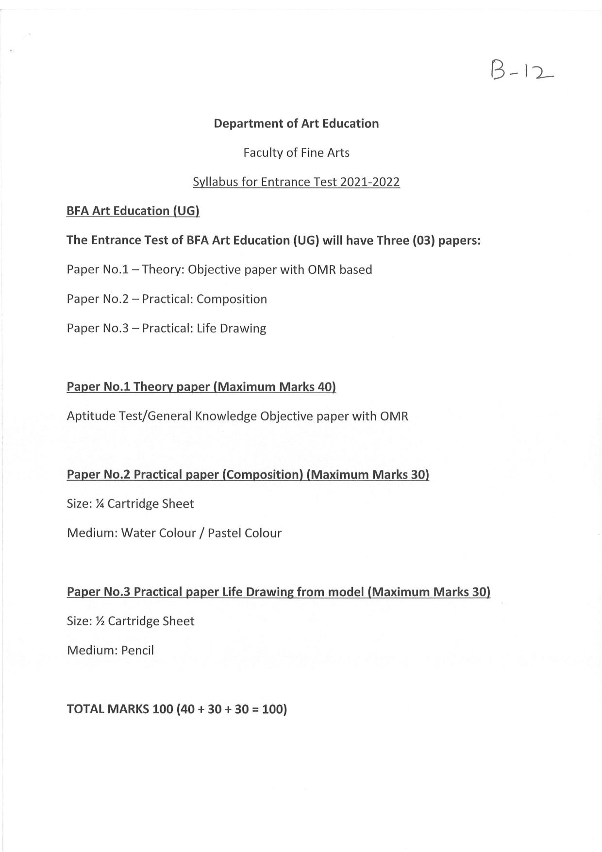JMI Entrance Exam B12-B.F.A. (Art Education) Syllabus - Page 1