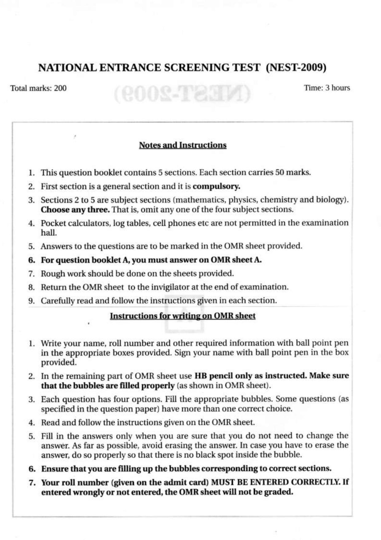 NEST 2009 Question Paper - Page 2