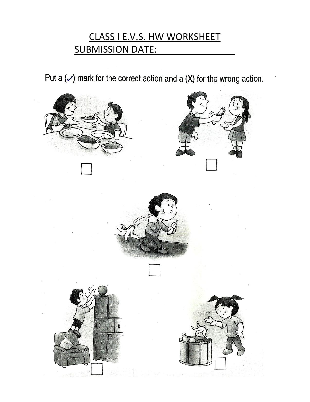 Worksheet for Class 1 EVS Actions Assignment - Page 1