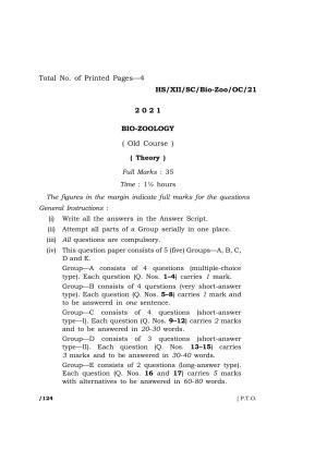 Meghalaya Board (MBOSE) Class 12 Zoology (Old Course) (HS-XII-SC-Bio-Zoo-OC-21) 2021 Question Paper