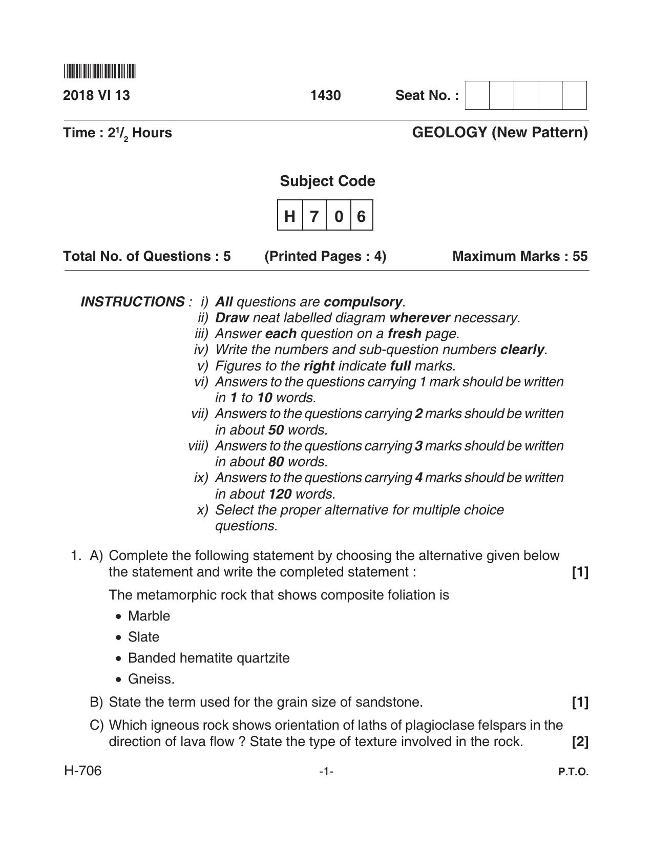 Goa Board Class 12 Geology  706 New Pattern (June 2018) Question Paper - Page 1