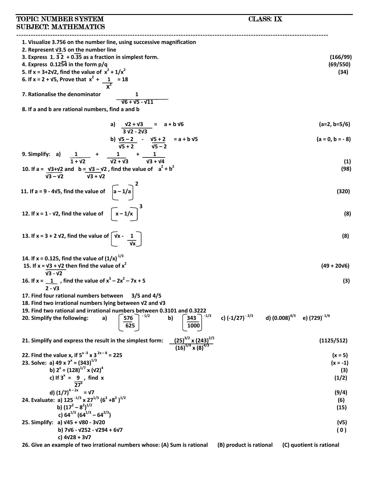 CBSE Worksheets for Class 9 Mathematics Number System Assignment 2 - Page 1