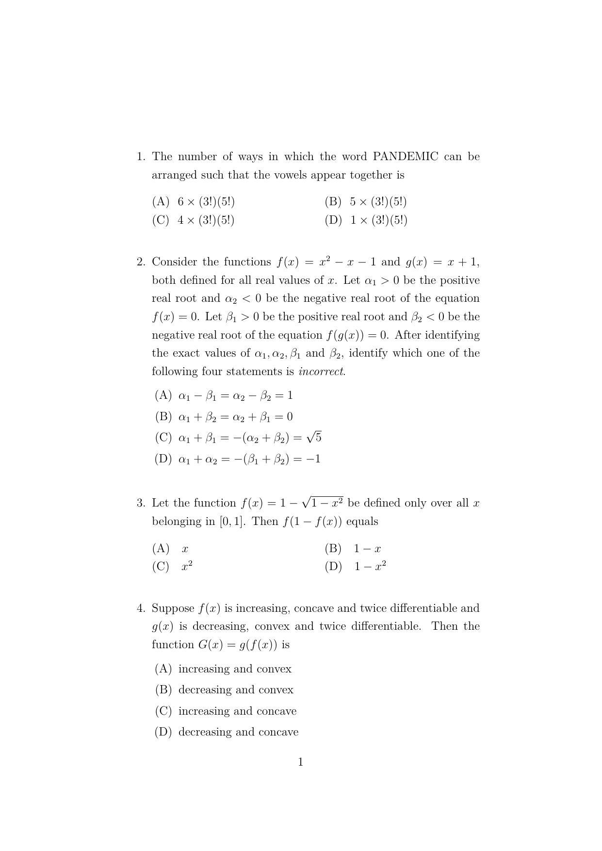ISI Admission Test M.S.(QE) PEA 2022 Sample Paper - Page 1
