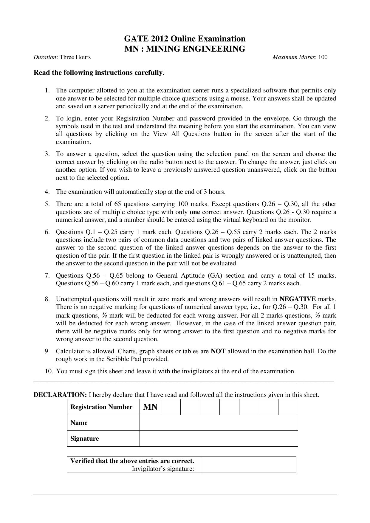 GATE 2012 Mining Engineering (MN) Question Paper with Answer Key - Page 1