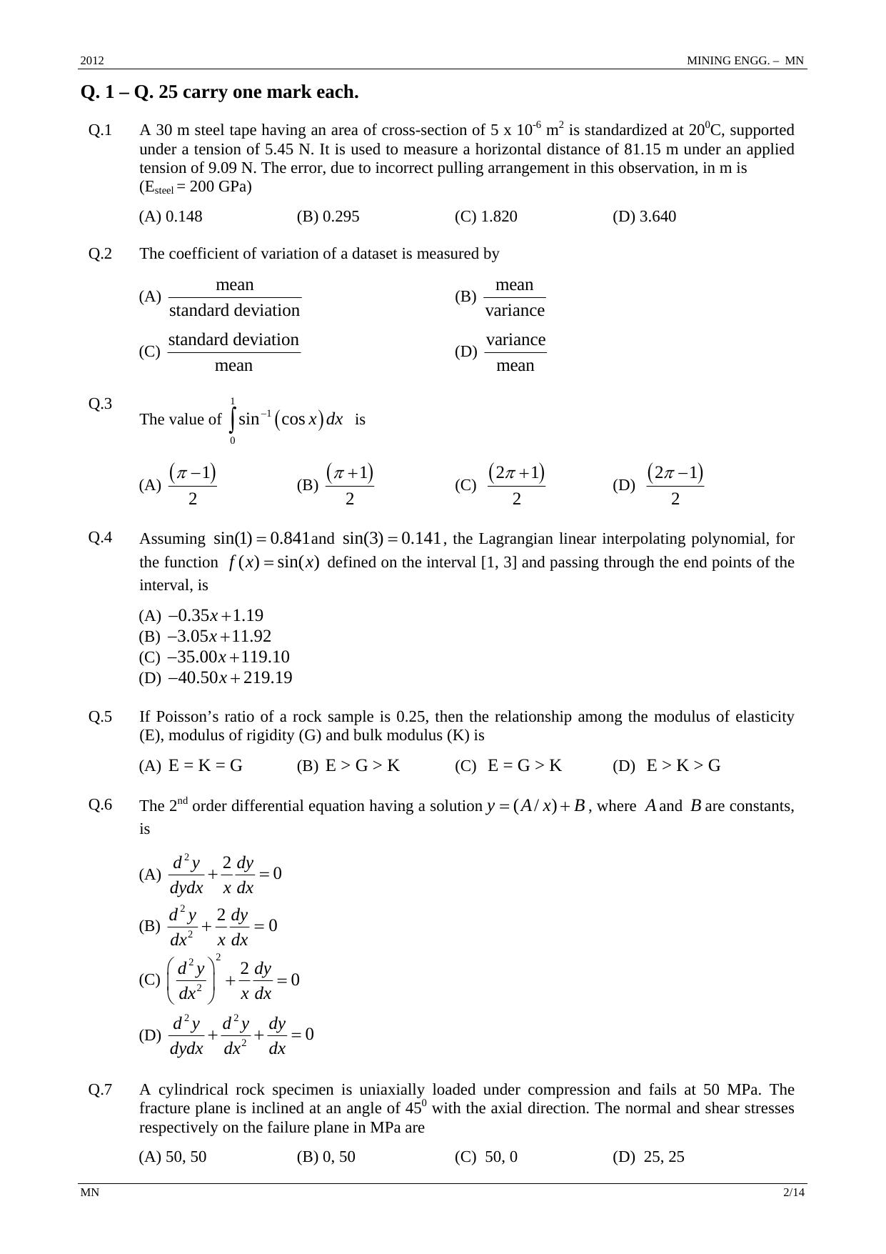 GATE 2012 Mining Engineering (MN) Question Paper with Answer Key - Page 2