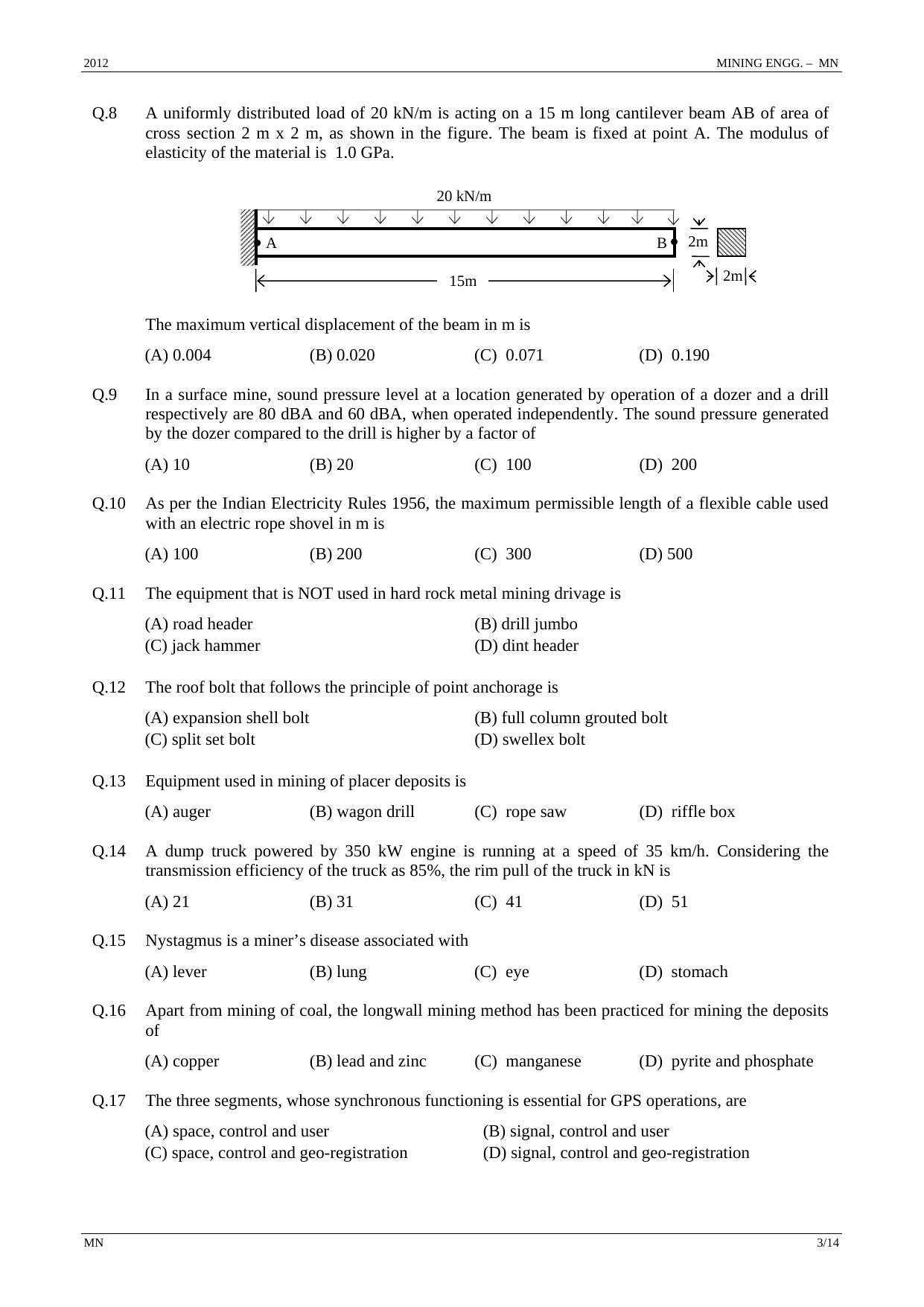 GATE 2012 Mining Engineering (MN) Question Paper with Answer Key - Page 3