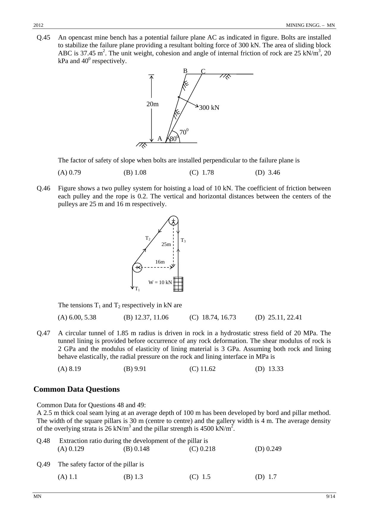GATE 2012 Mining Engineering (MN) Question Paper with Answer Key - Page 9