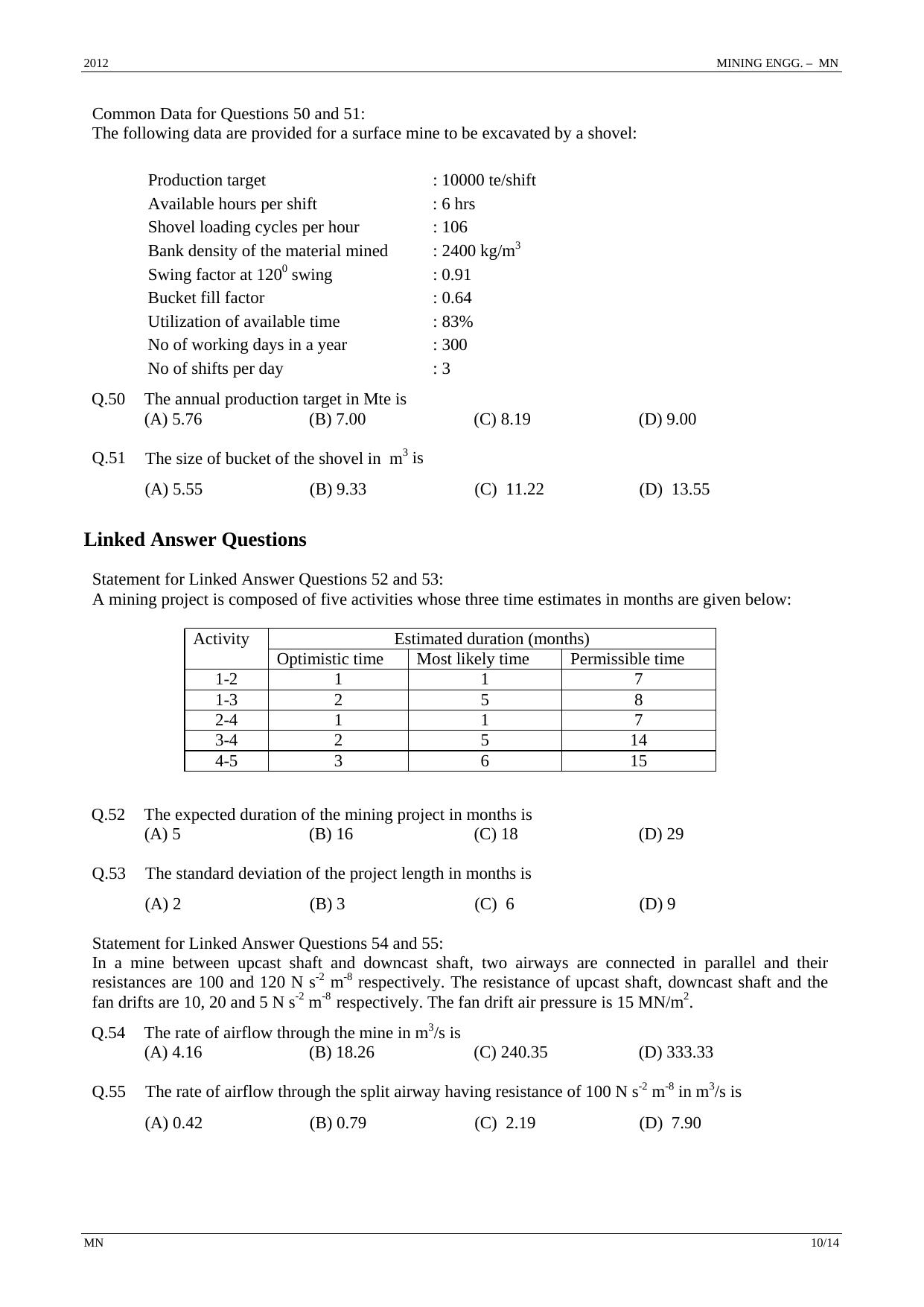 GATE 2012 Mining Engineering (MN) Question Paper with Answer Key - Page 10