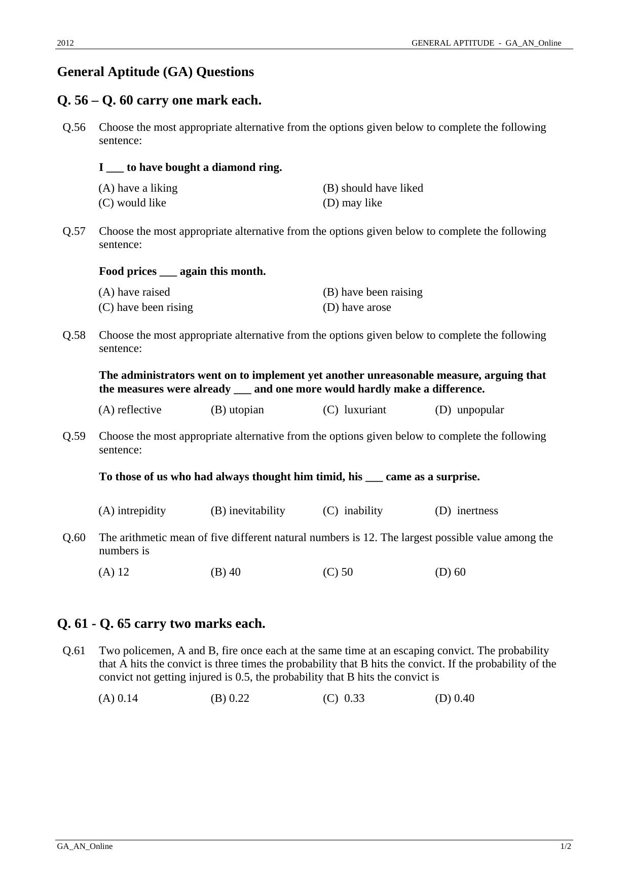 GATE 2012 Mining Engineering (MN) Question Paper with Answer Key - Page 11