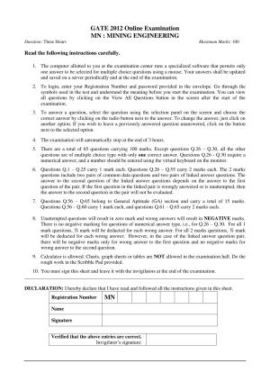 GATE 2012 Mining Engineering (MN) Question Paper with Answer Key