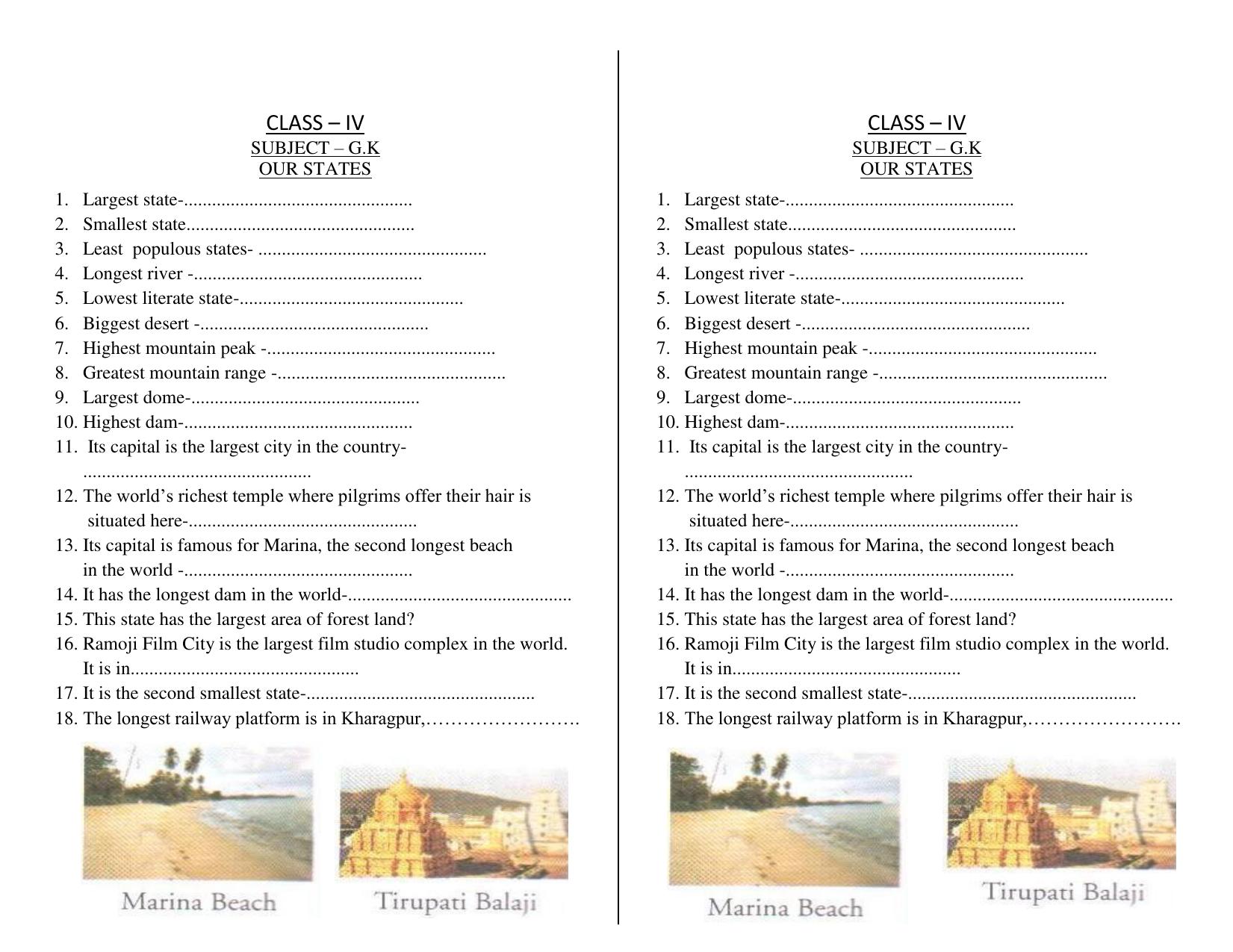 Worksheet for Class 4 General Knowledge Our States Assignment 9 - Page 1