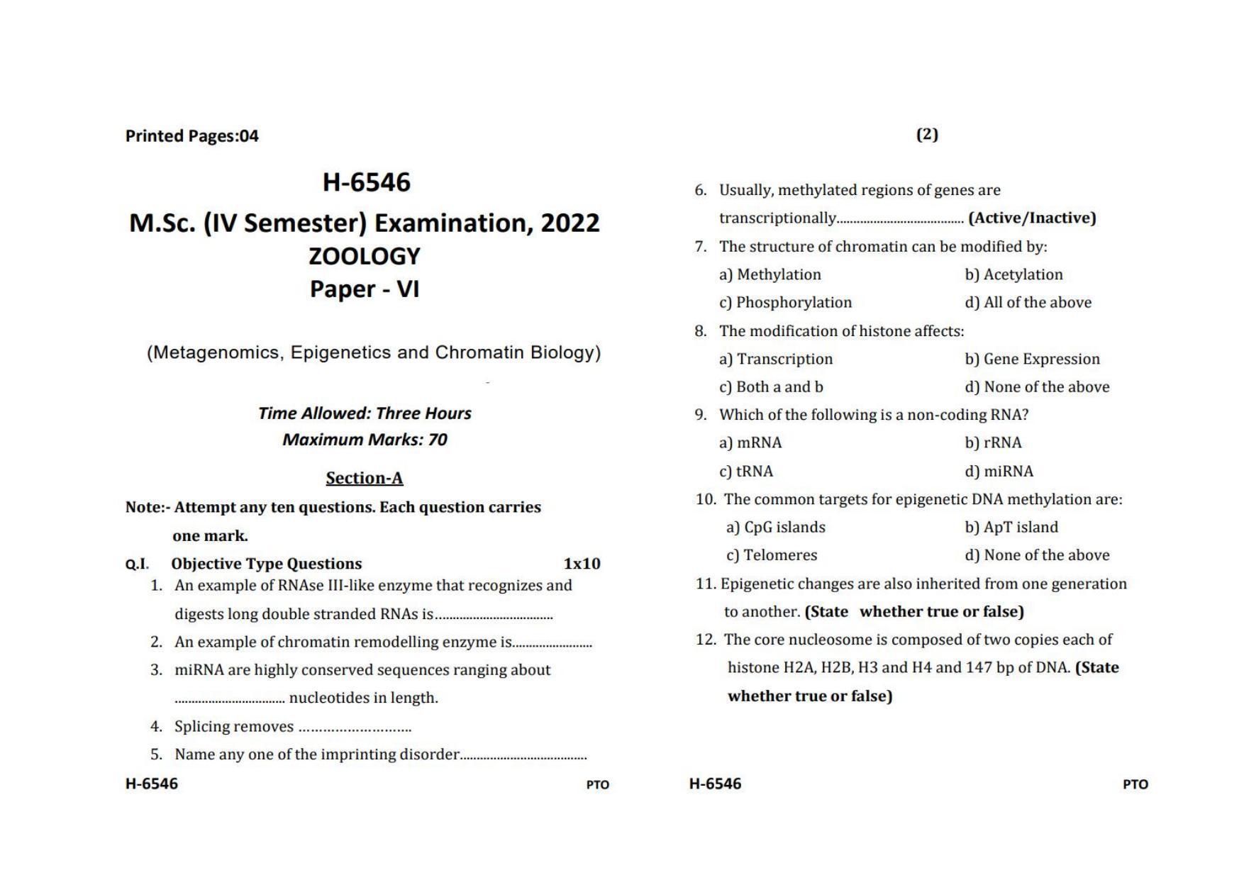 Sarguja University Question Paper July-2022 : M.Sc. In Zoology (Fourth sem.) Metagenomics-Epigenetics-Chromatin Biology Paper 1 - Page 1
