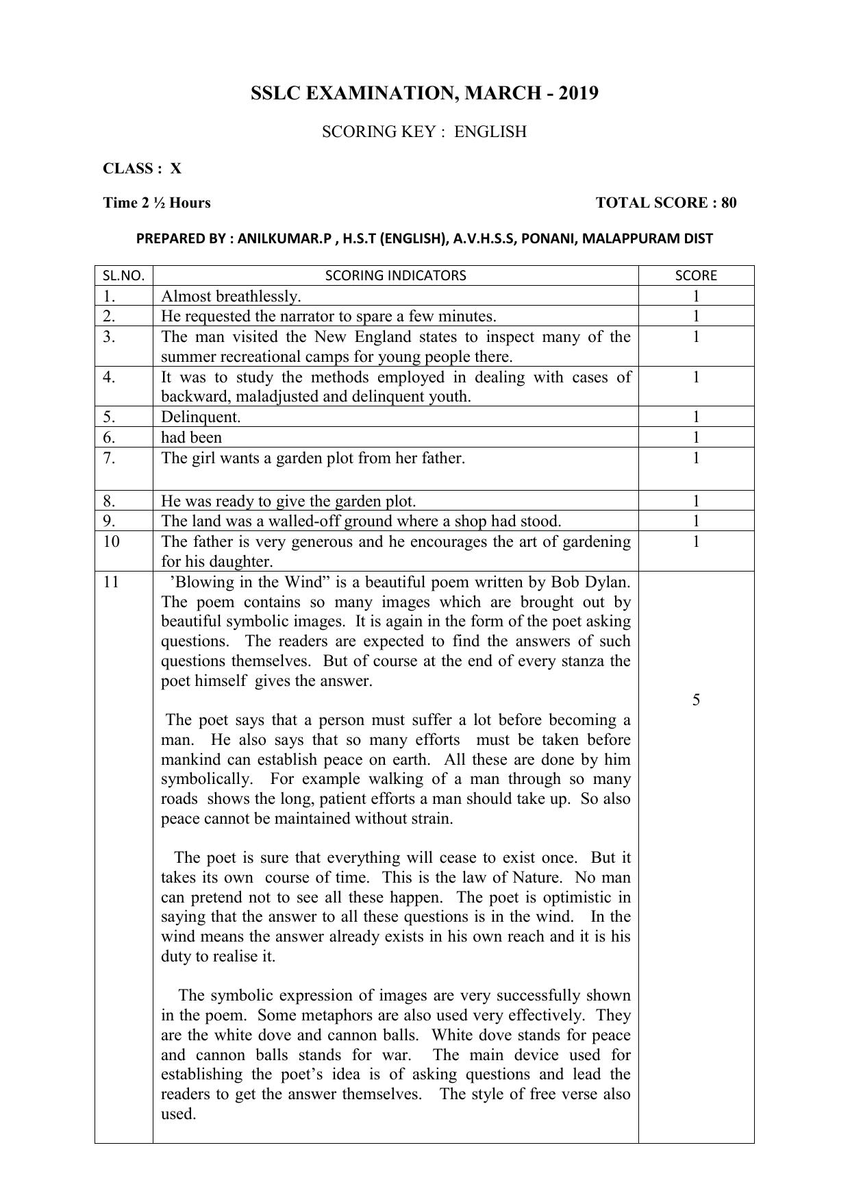 Kerala SSLC 2019 English Answer Key - Page 1