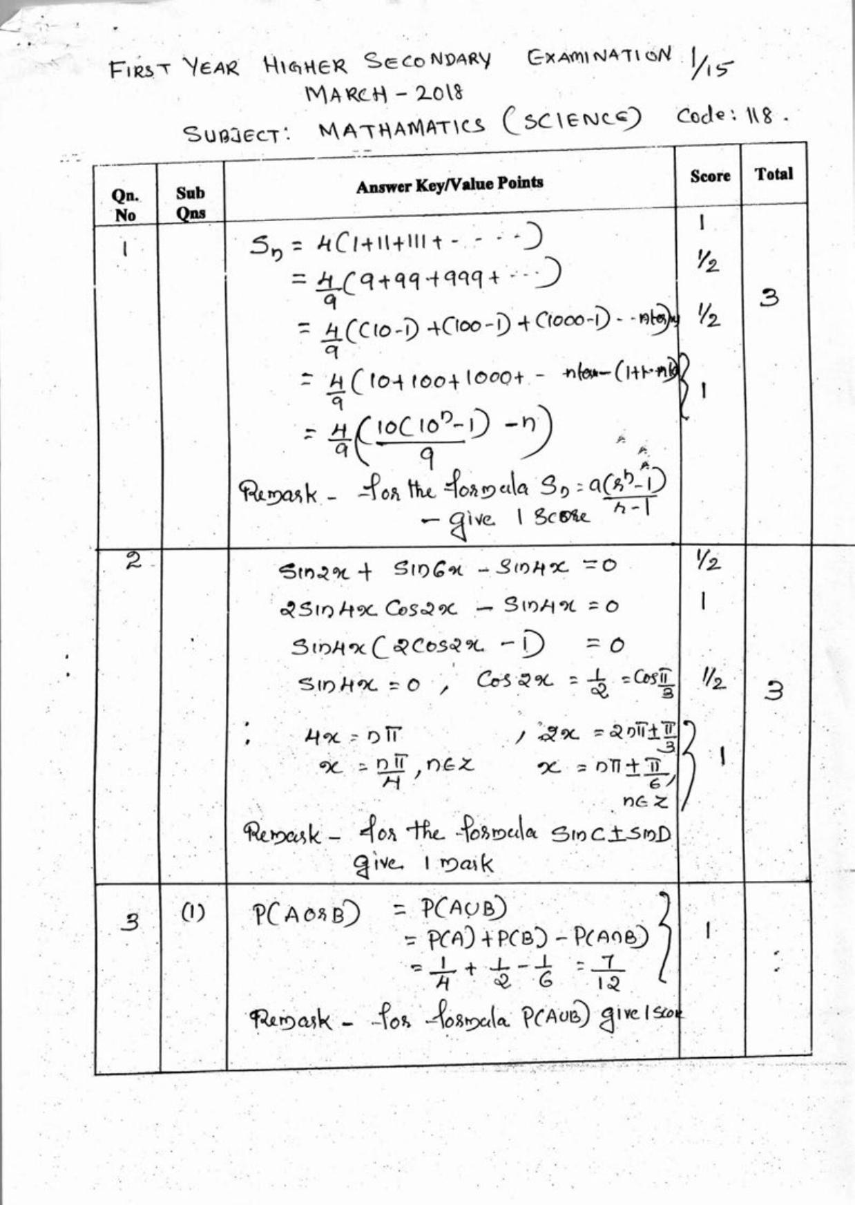 Kerala Plus One 2018 Maths Answer Key - Page 1
