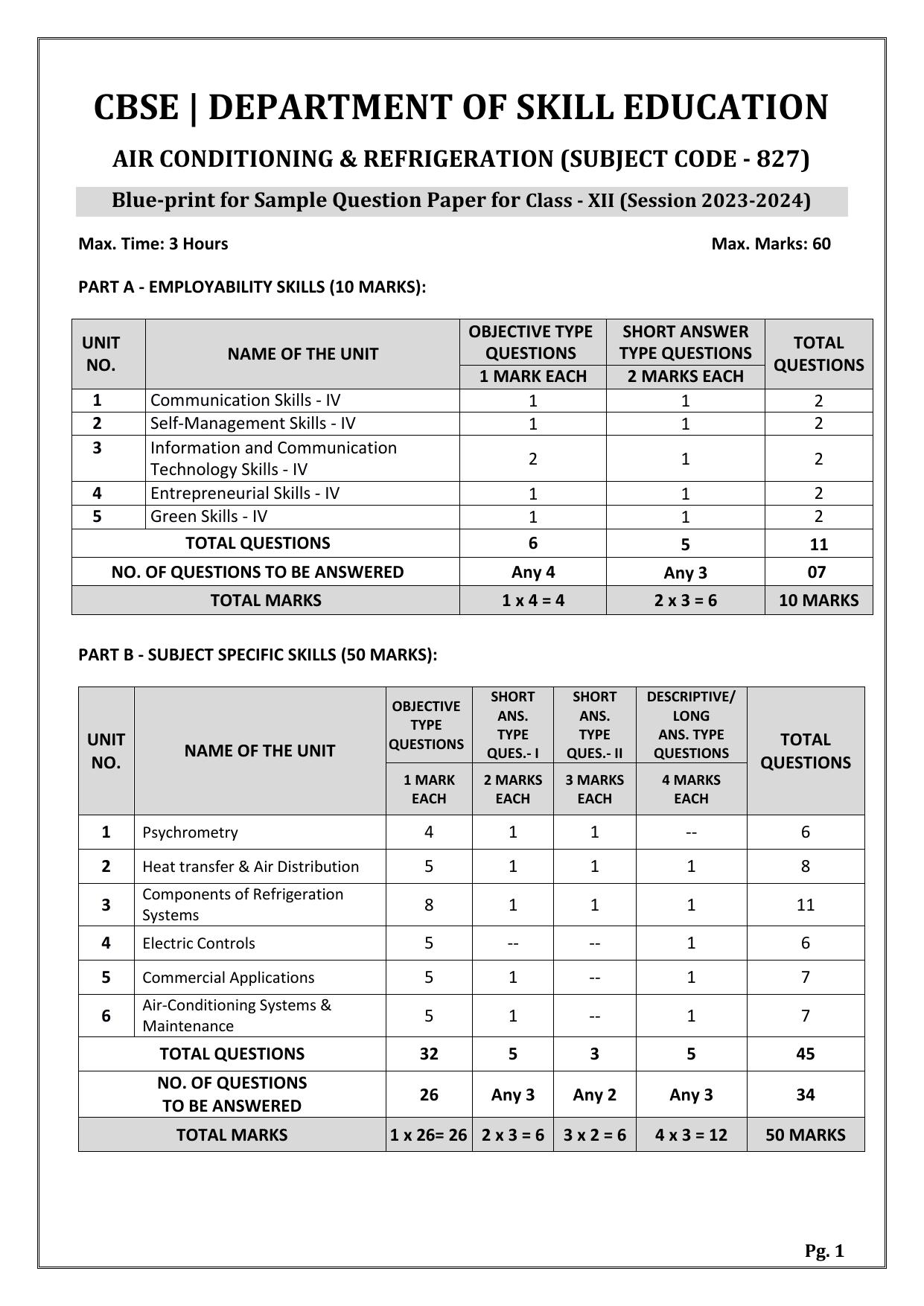 CBSE Class 12 (Skill Education) Air-Conditioning & Refrigeration 2024 Sample Paper - Page 1